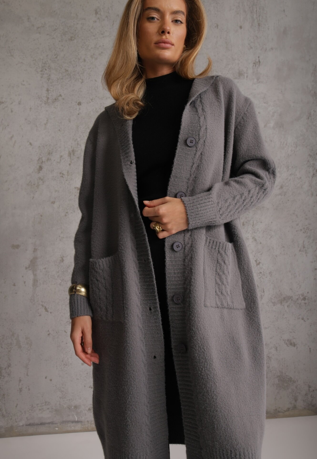 j&x Cardigan din lână cu croială lungă cu nasturi și cu glugă Radonla Gri