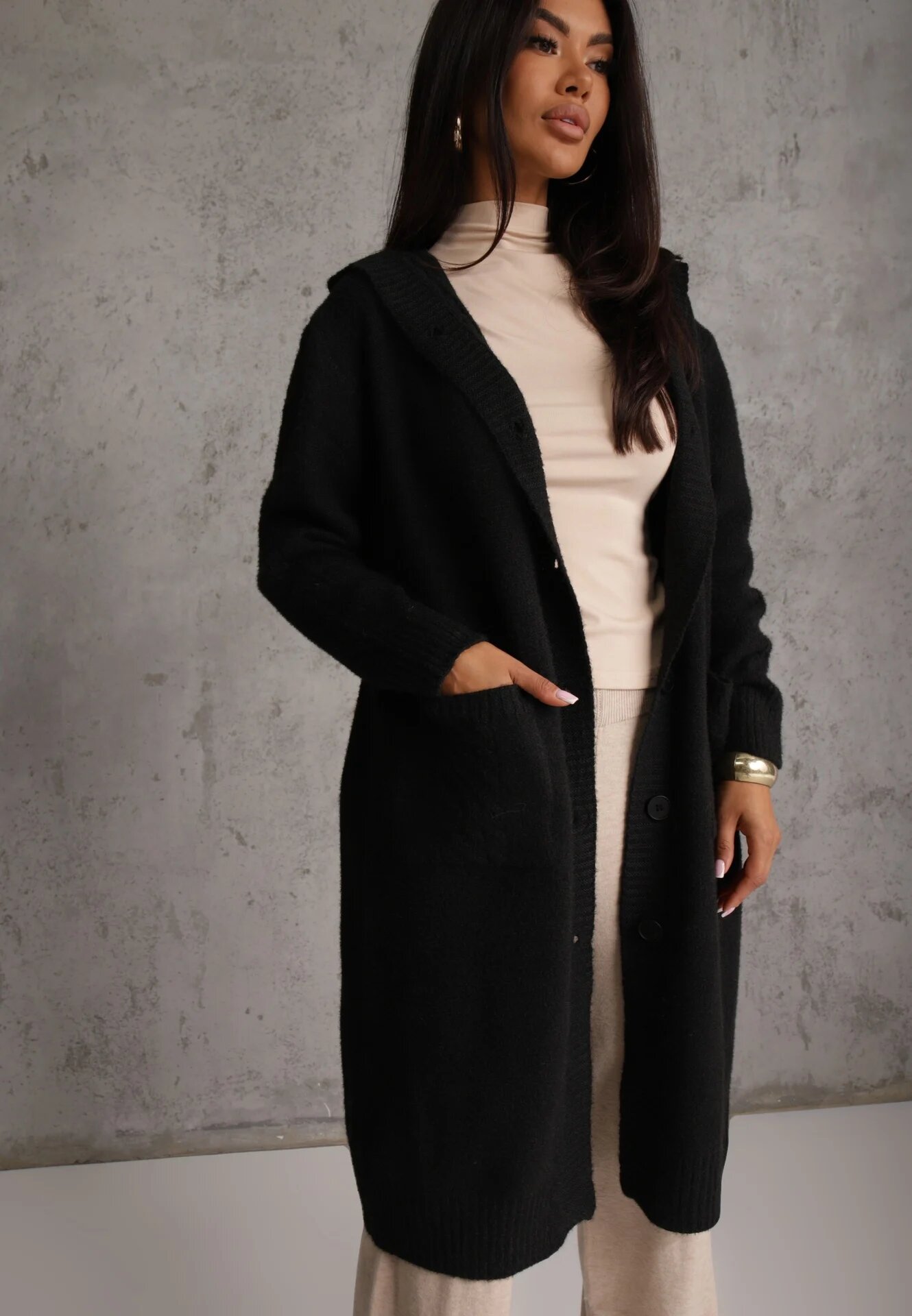 j&x Cardigan din lână cu croială lungă cu nasturi și cu glugă Radonla Negru