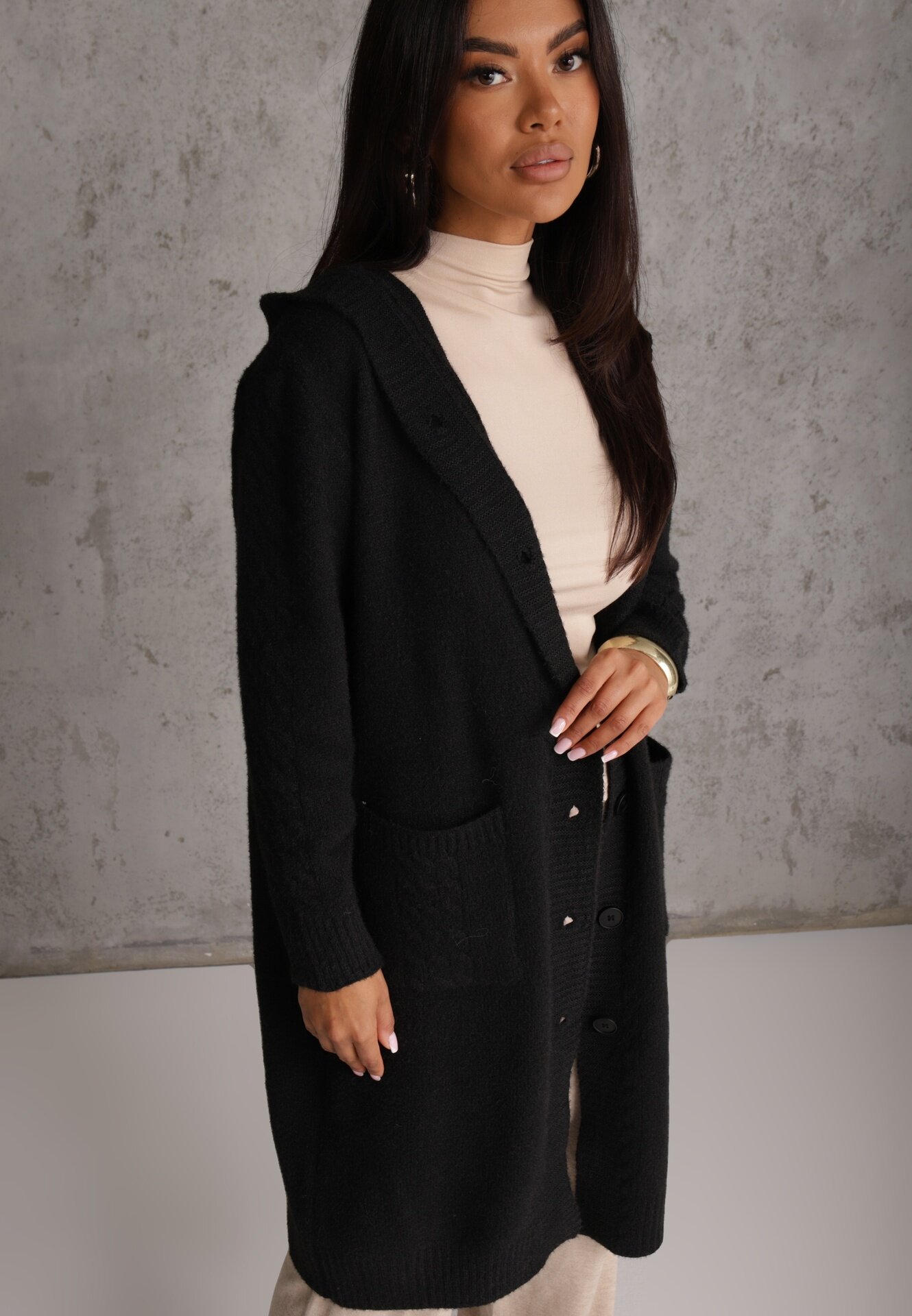 j&x Cardigan din lână cu croială lungă cu nasturi și cu glugă Radonla Negru