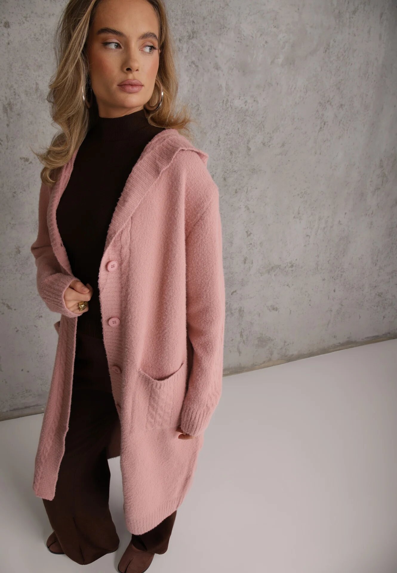 j&x Cardigan din lână cu croială lungă cu nasturi și cu glugă Radonla Roz