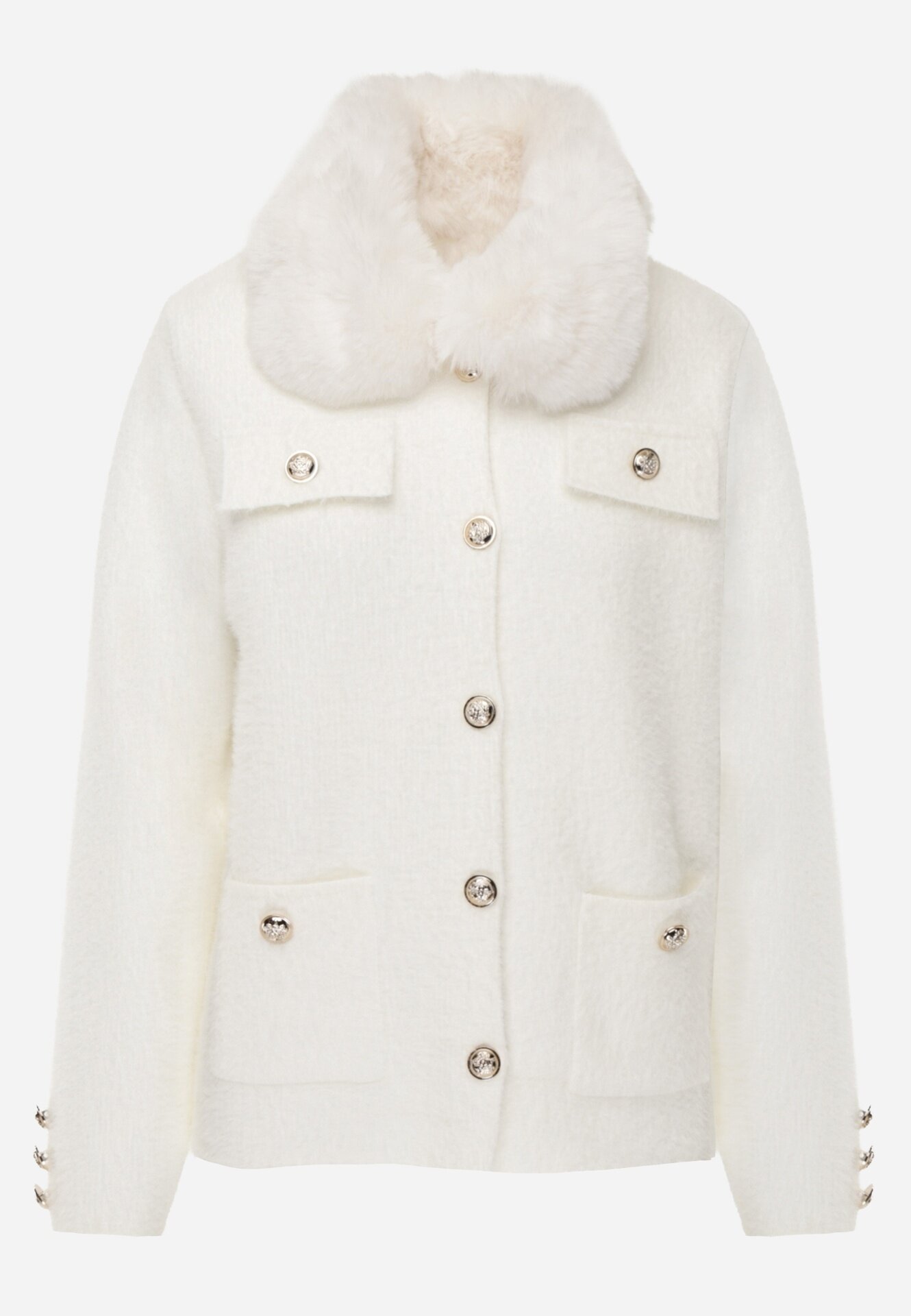 j&x Cardigan elegant cu lână nasturi metalici și blăniță artificială Lalistu Alb