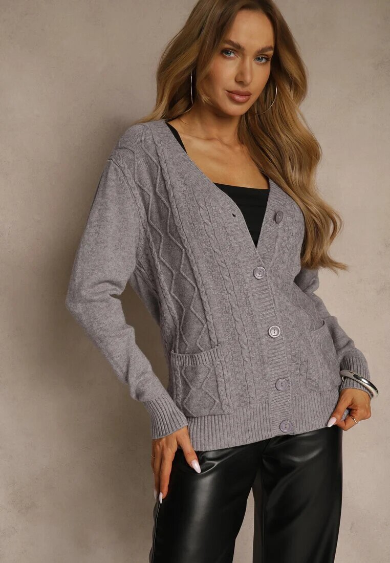 j&x Cardigan Gri cu Bumbac și Model în relief Reisina