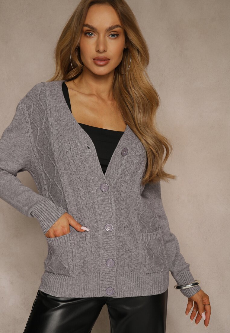 j&x Cardigan Gri cu Bumbac și Model în relief Reisina