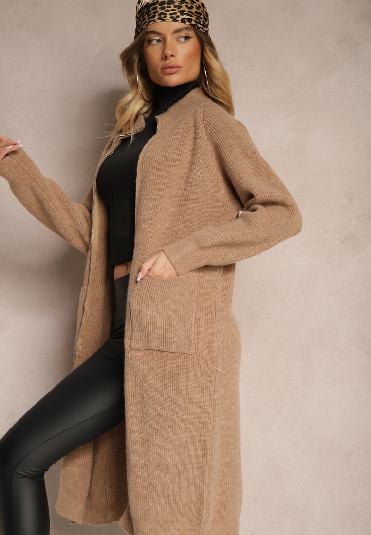 j&x Cardigan Lung Bej Închis cu Croială Dreaptă Guler Înalt cu Lână și Închidere cu Fermoar Bonitana