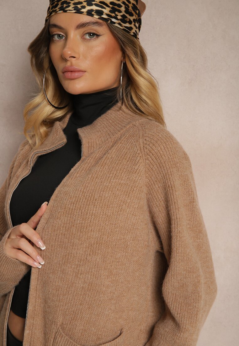 j&x Cardigan Lung Bej Închis cu Croială Dreaptă Guler Înalt cu Lână și Închidere cu Fermoar Bonitana