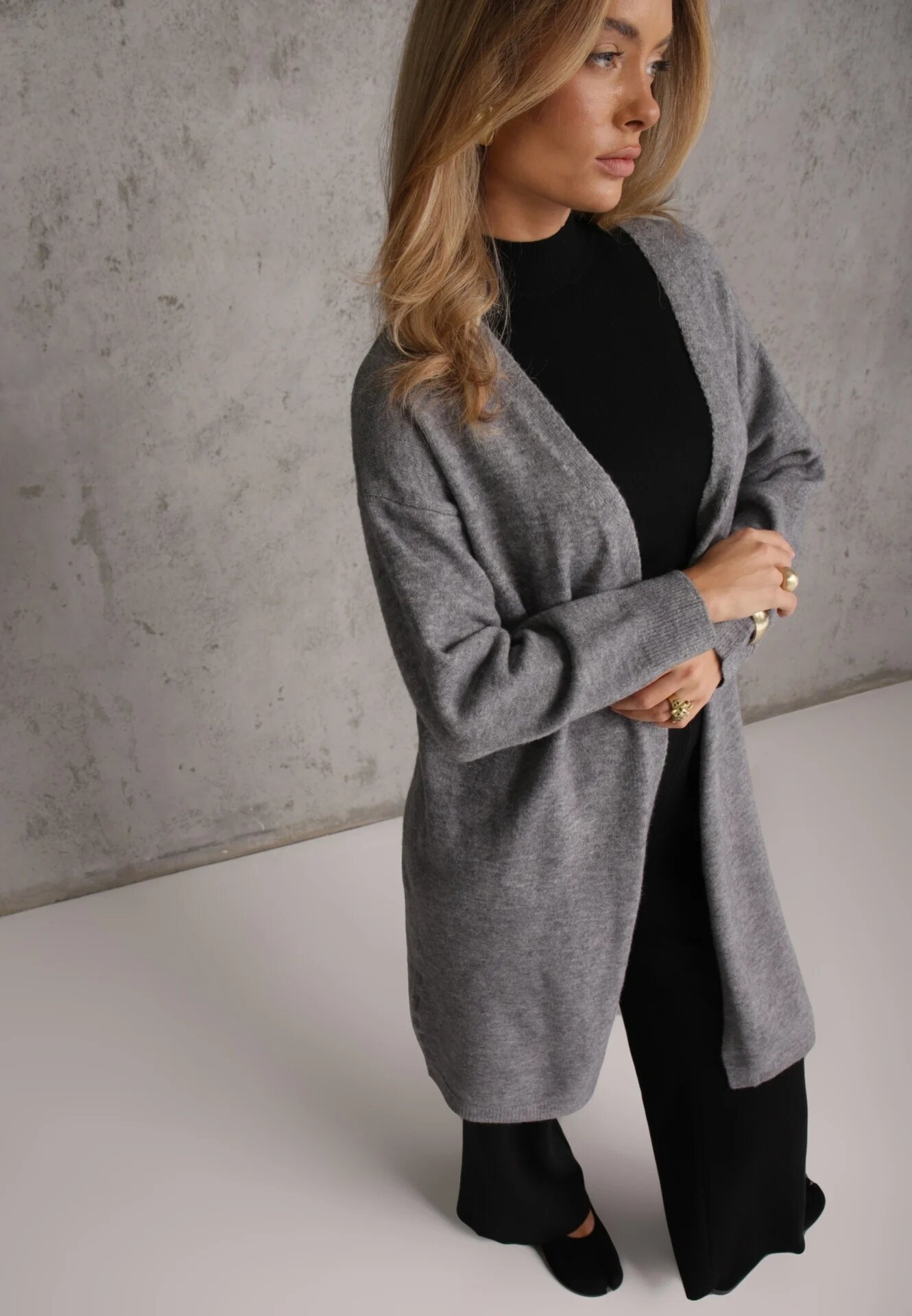 j&x Cardigan lung cu lână și decolteu în V Talei Bej Gri