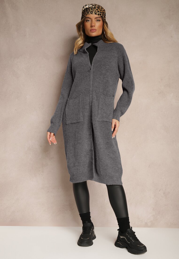 j&x Cardigan Lung Gri închis cu croială dreaptă cu guler înalt cu amestec de lână și închidere cu fermoar Bonitana