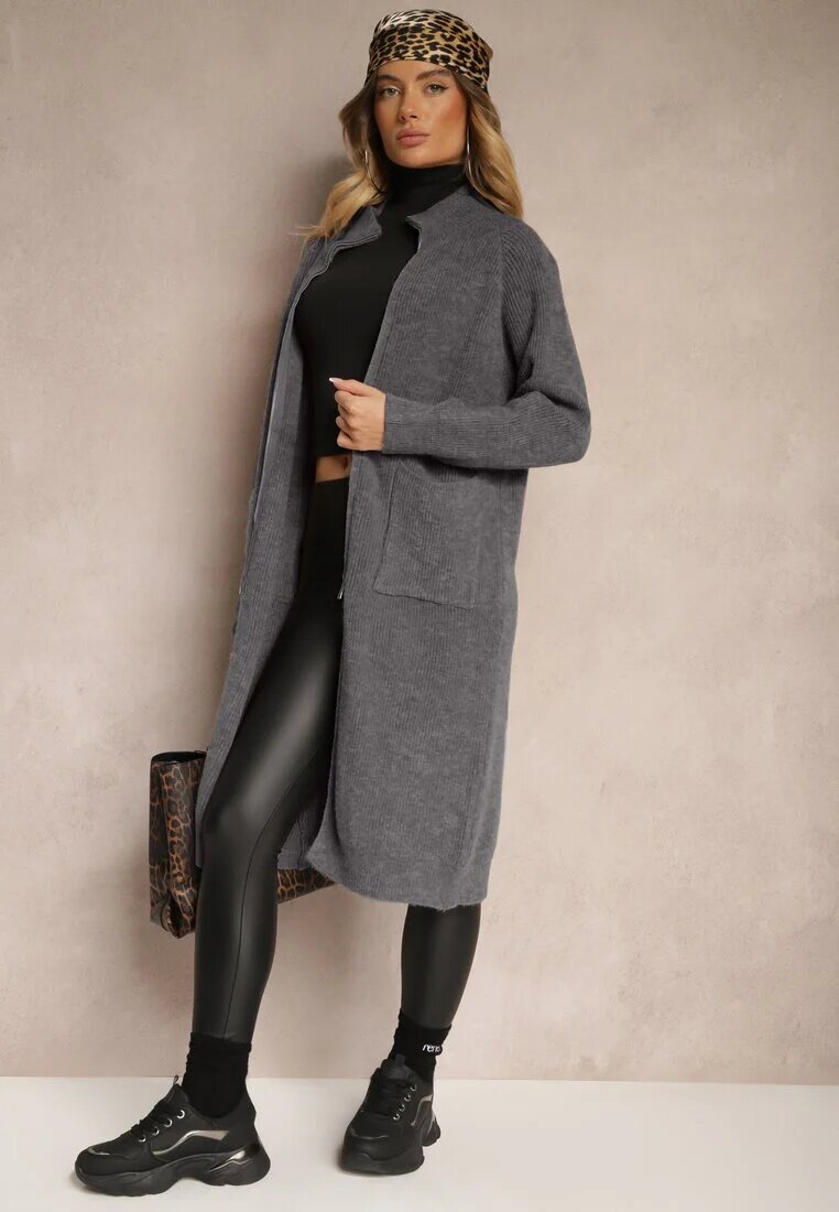 j&x Cardigan Lung Gri închis cu croială dreaptă cu guler înalt cu amestec de lână și închidere cu fermoar Bonitana