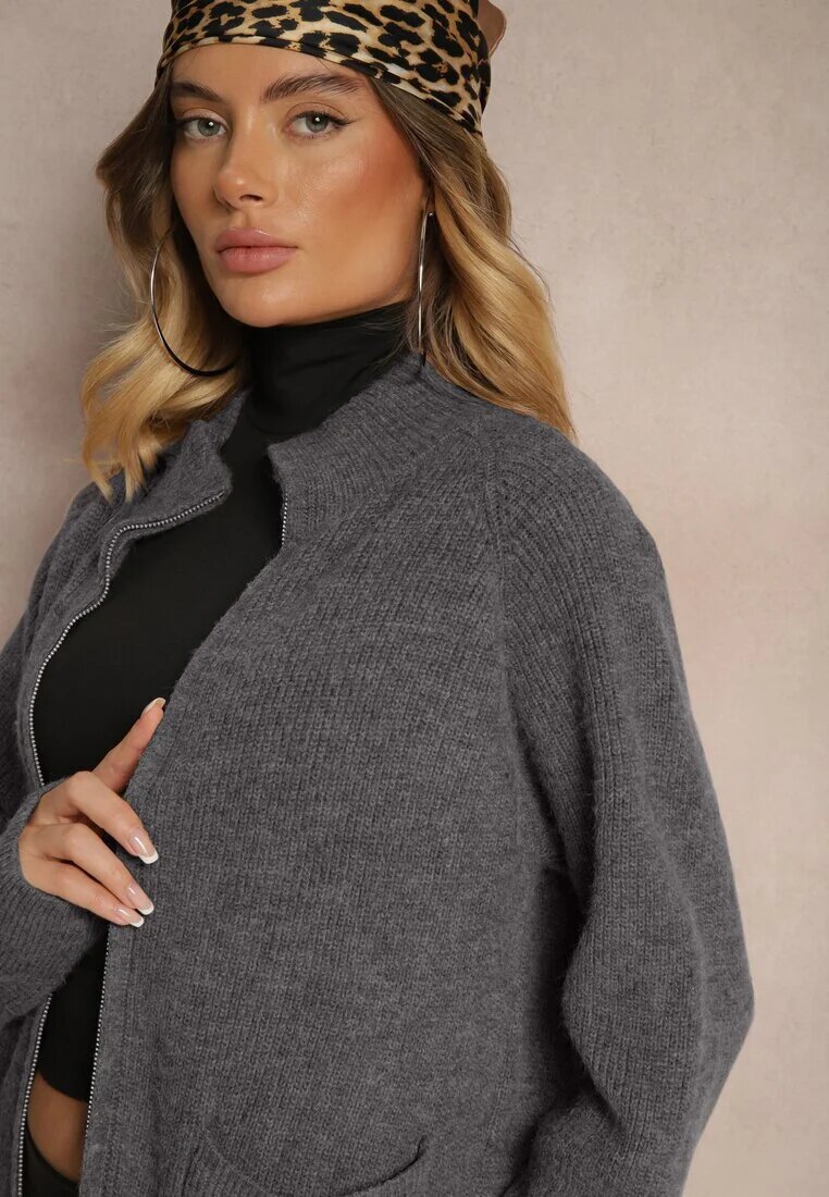 j&x Cardigan Lung Gri închis cu croială dreaptă cu guler înalt cu amestec de lână și închidere cu fermoar Bonitana