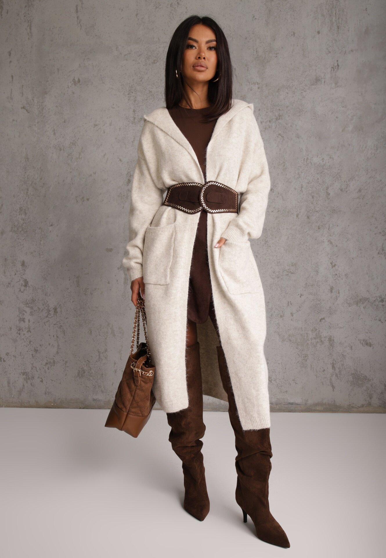 j&x Cardigan maxi neîncheiat cu lână cu glugă și broșă cu lanț Minvelda Bej