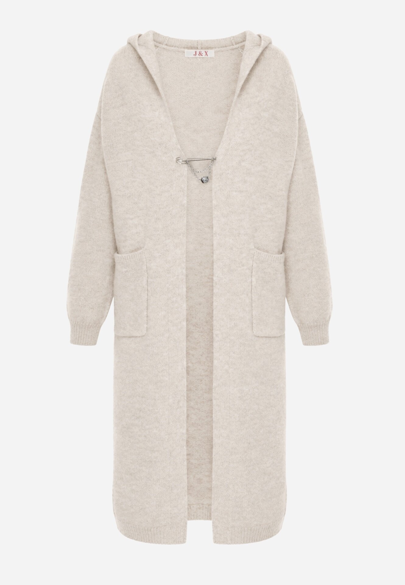 j&x Cardigan maxi neîncheiat cu lână cu glugă și broșă cu lanț Minvelda Bej