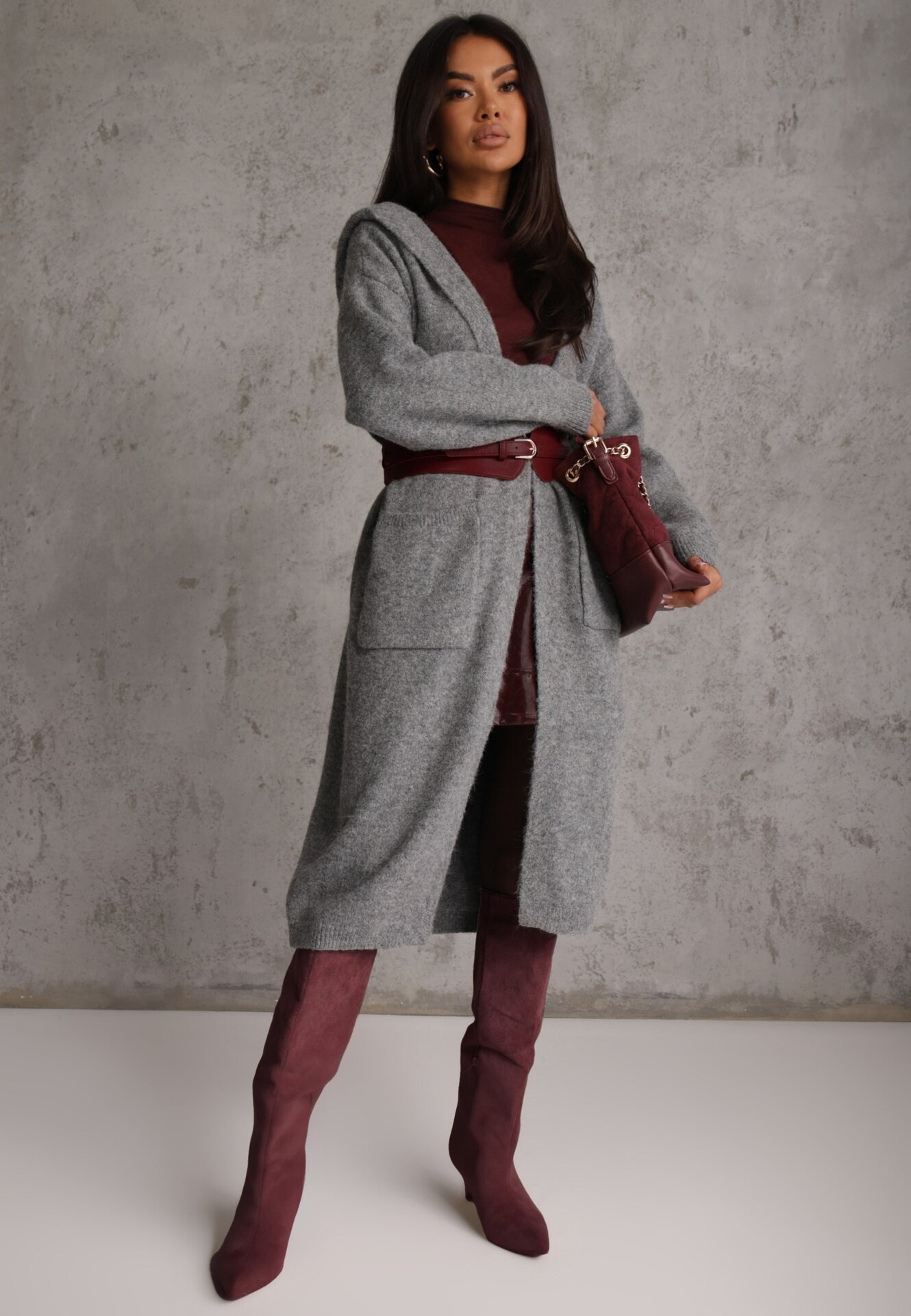 j&x Cardigan maxi neîncheiat cu lână cu glugă și broșă cu lanț Minvelda Gri