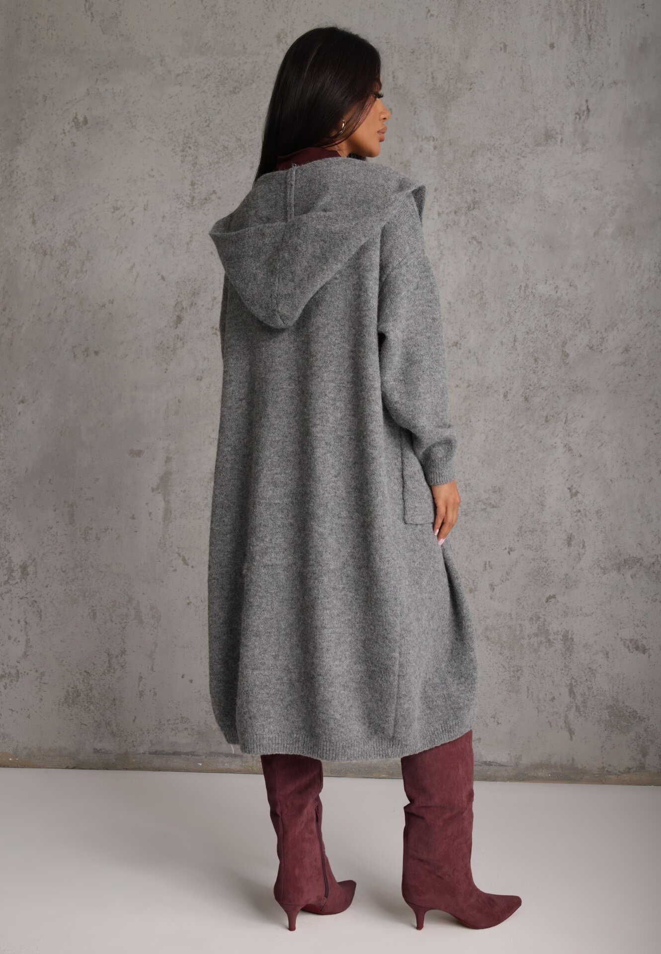 j&x Cardigan maxi neîncheiat cu lână cu glugă și broșă cu lanț Minvelda Gri