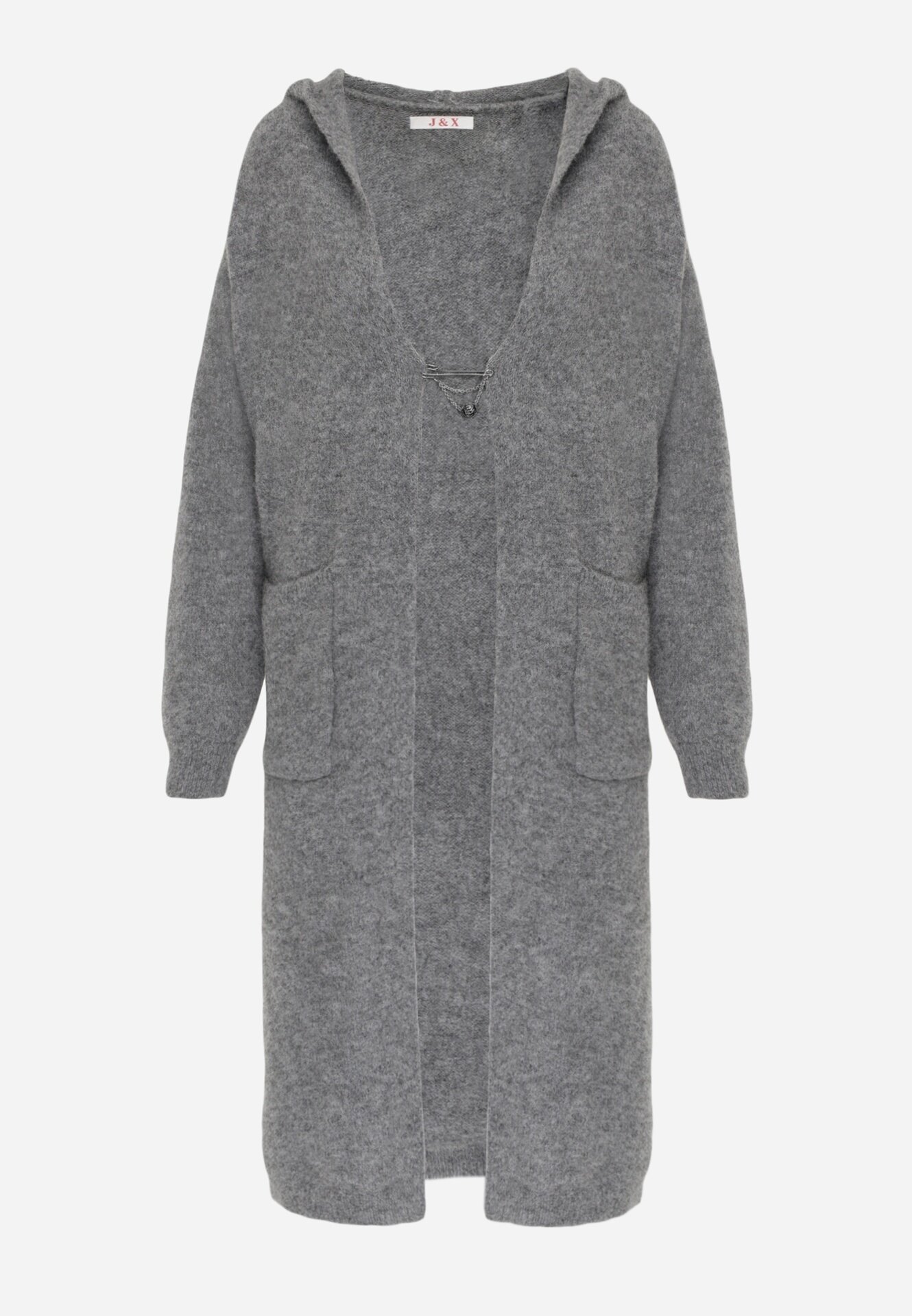 j&x Cardigan maxi neîncheiat cu lână cu glugă și broșă cu lanț Minvelda Gri
