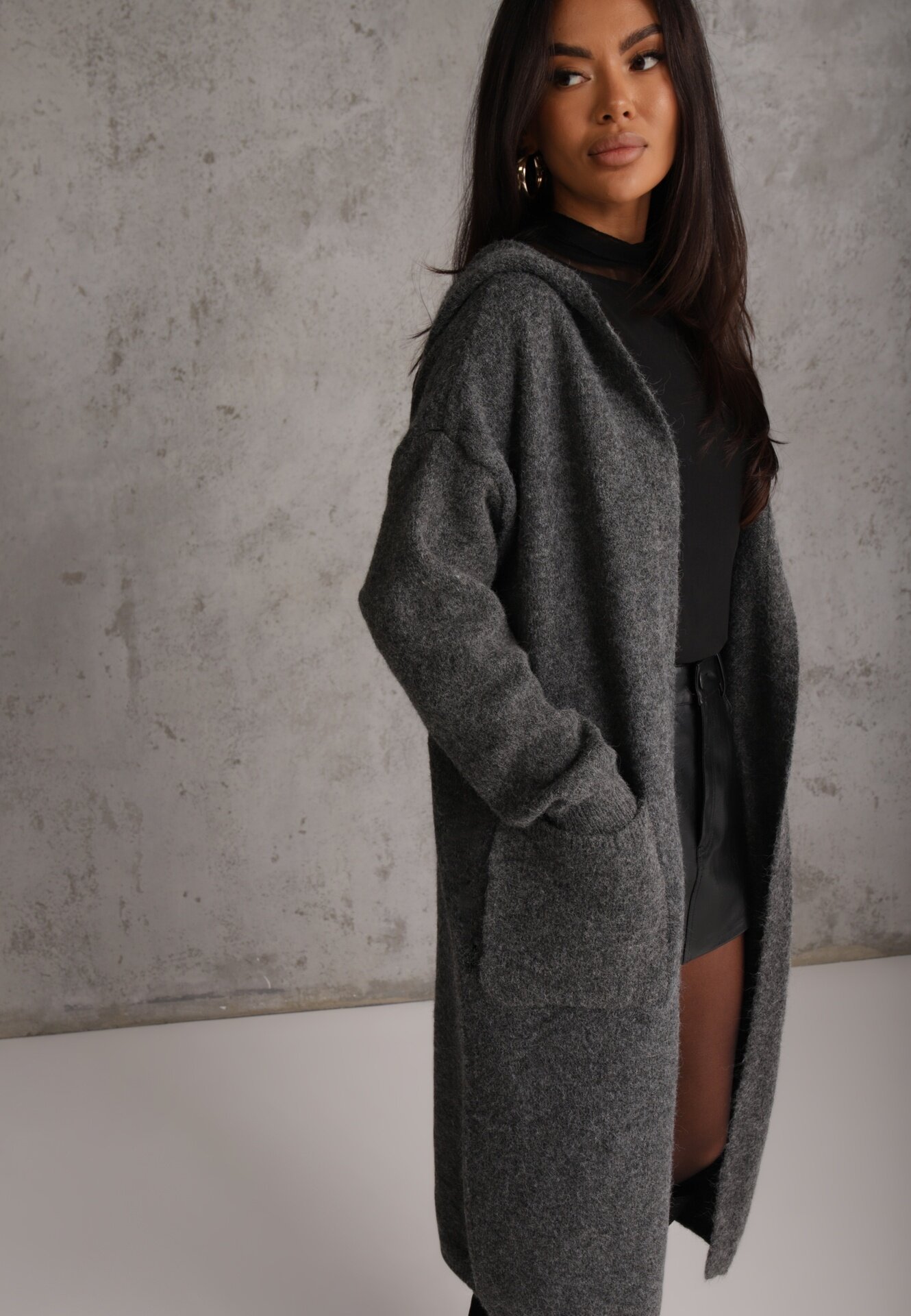 j&x Cardigan maxi neîncheiat cu lână cu glugă și broșă cu lanț Minvelda Gri închis