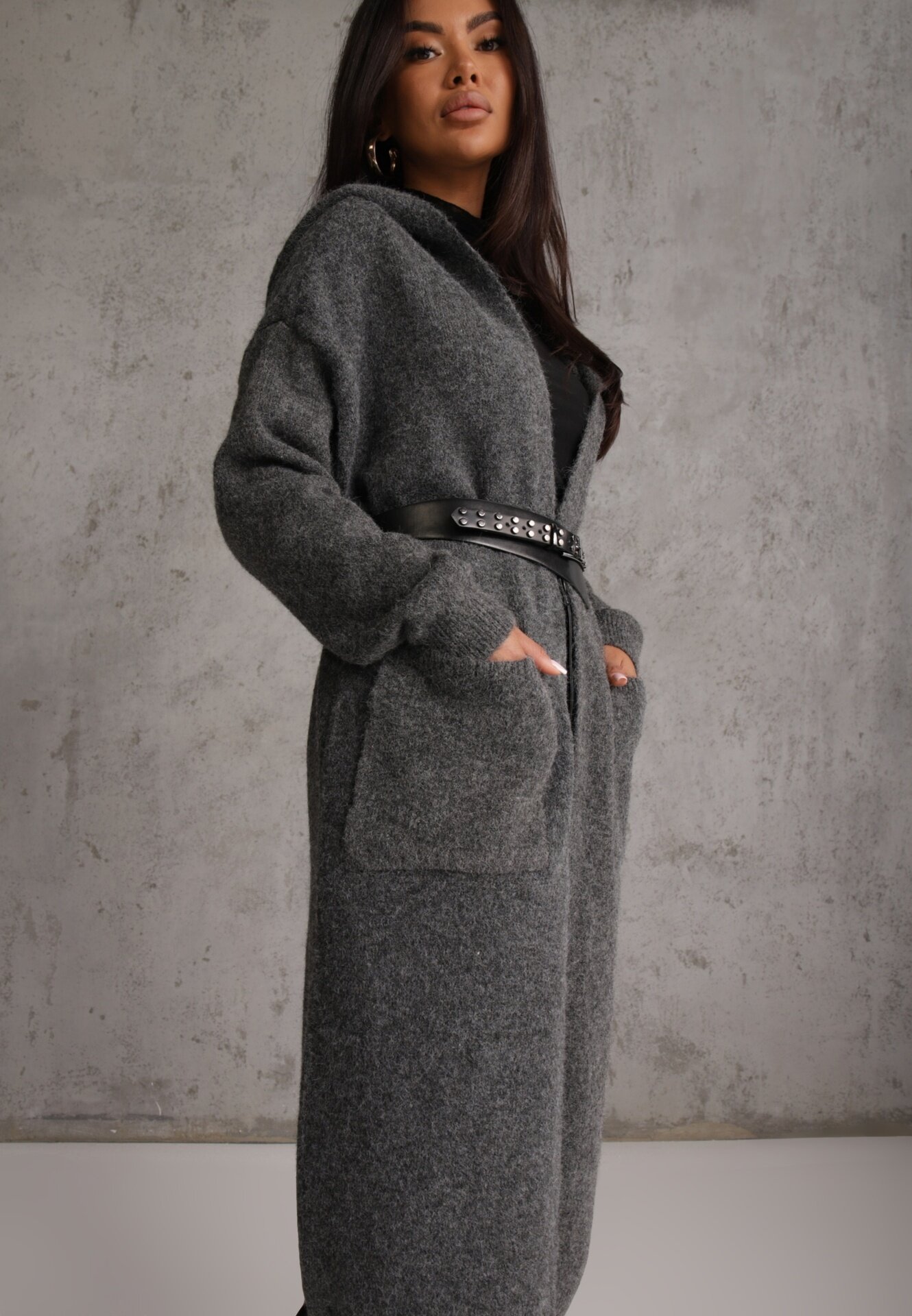 j&x Cardigan maxi neîncheiat cu lână cu glugă și broșă cu lanț Minvelda Gri închis