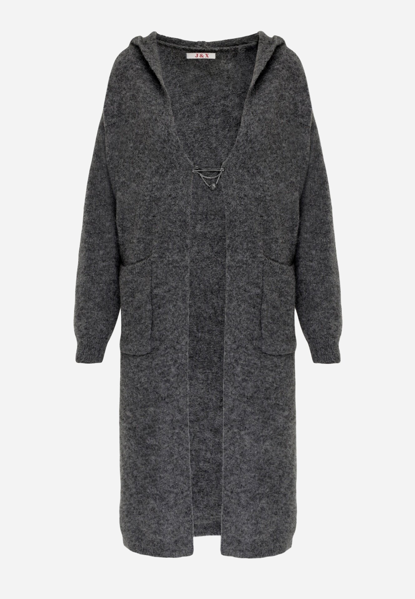 j&x Cardigan maxi neîncheiat cu lână cu glugă și broșă cu lanț Minvelda Gri închis