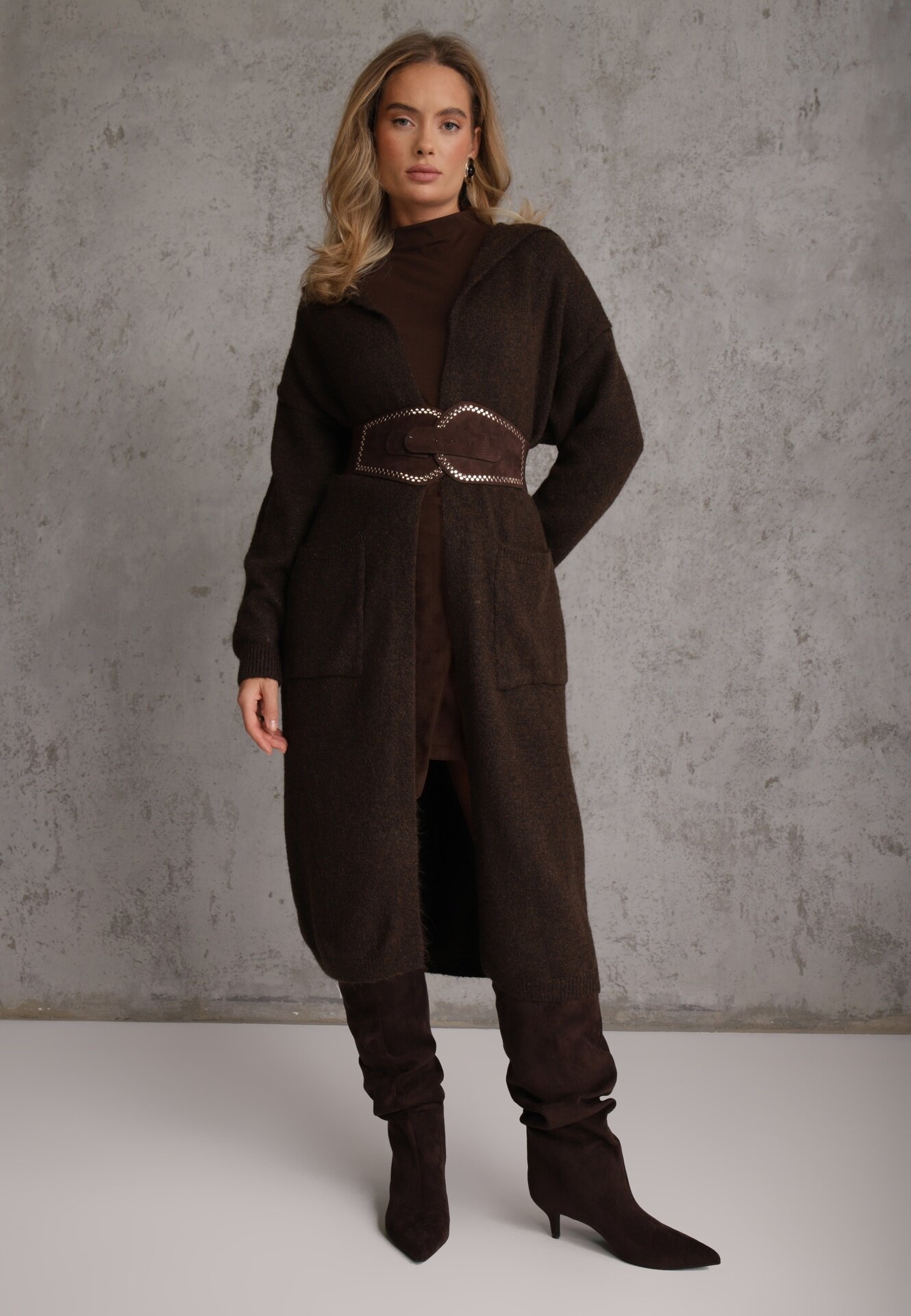 j&x Cardigan maxi neîncheiat cu lână cu glugă și broșă cu lanț Minvelda Maro