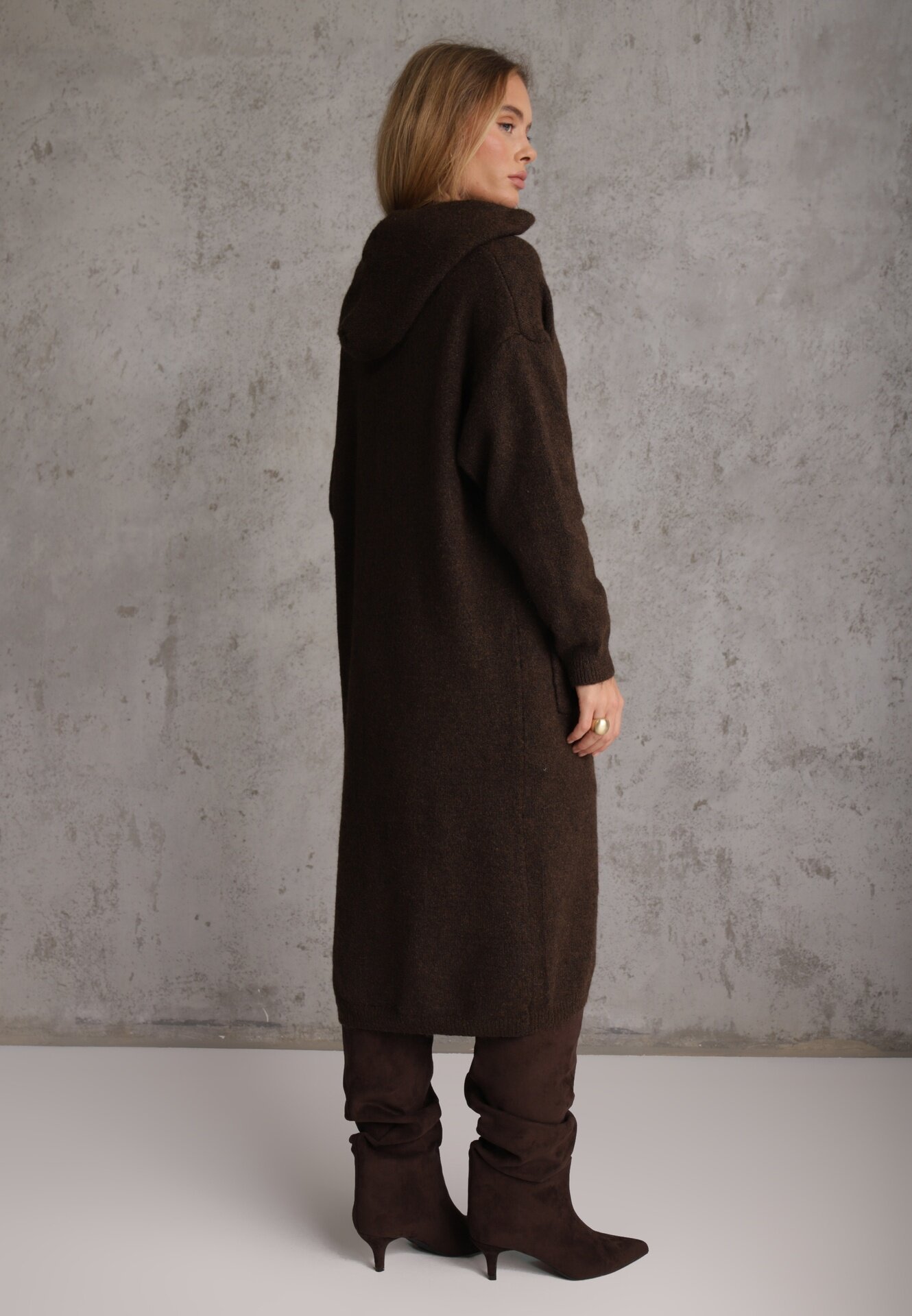 j&x Cardigan maxi neîncheiat cu lână cu glugă și broșă cu lanț Minvelda Maro