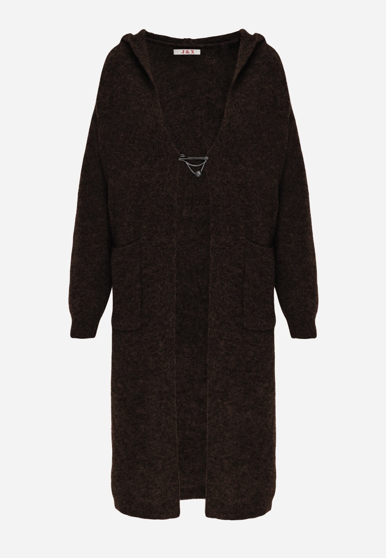 j&x Cardigan maxi neîncheiat cu lână cu glugă și broșă cu lanț Minvelda Maro