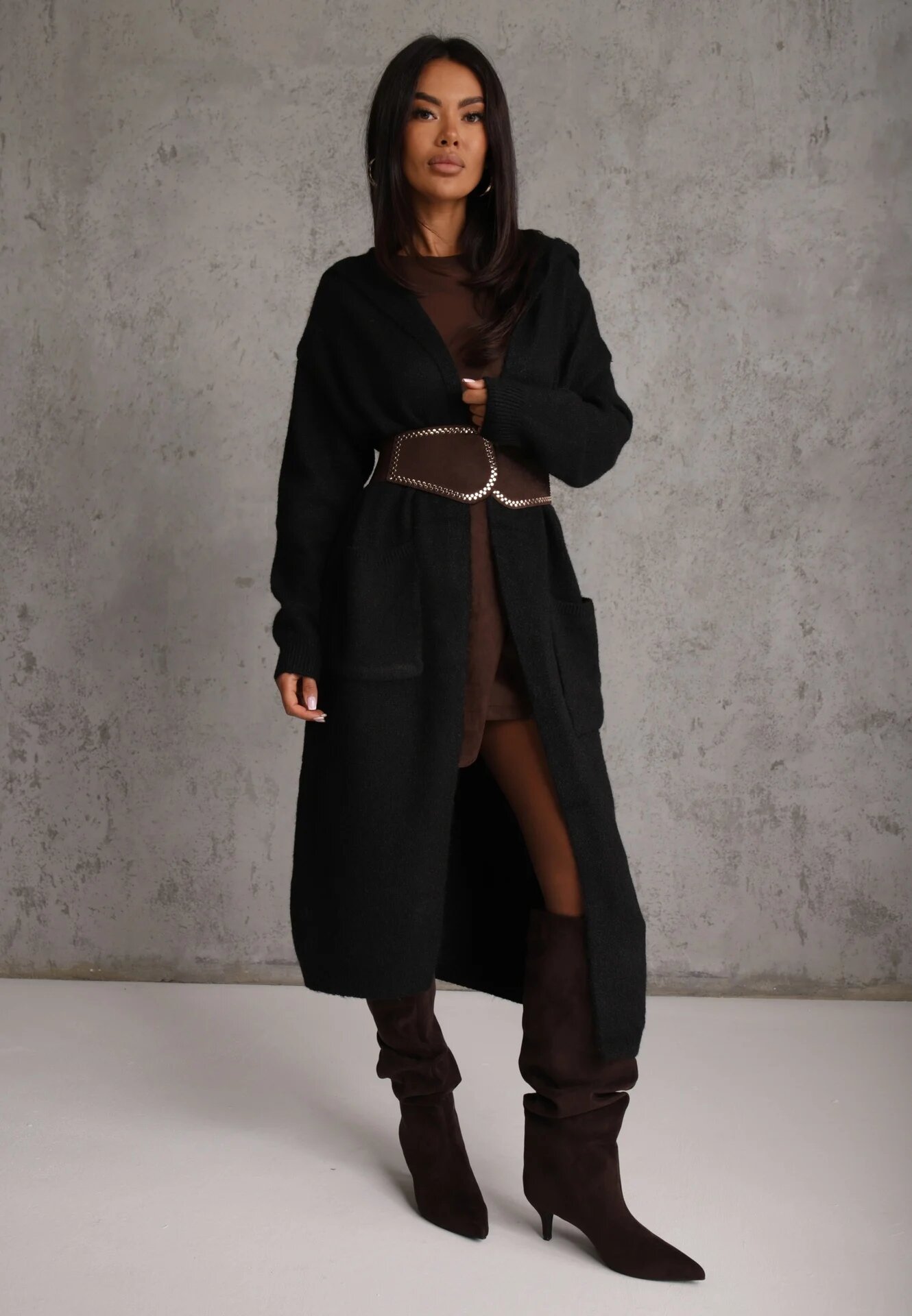 j&x Cardigan maxi neîncheiat cu lână cu glugă și broșă cu lanț Minvelda Negru