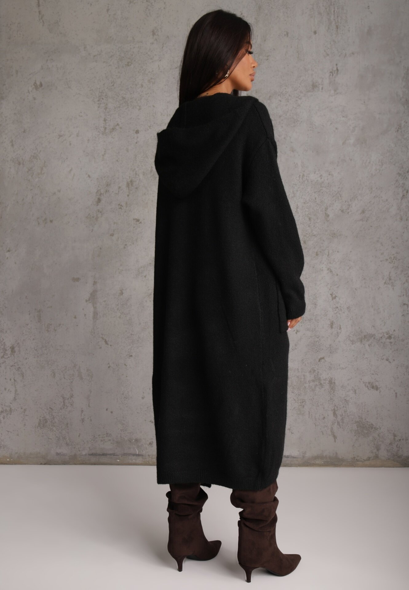 j&x Cardigan maxi neîncheiat cu lână cu glugă și broșă cu lanț Minvelda Negru