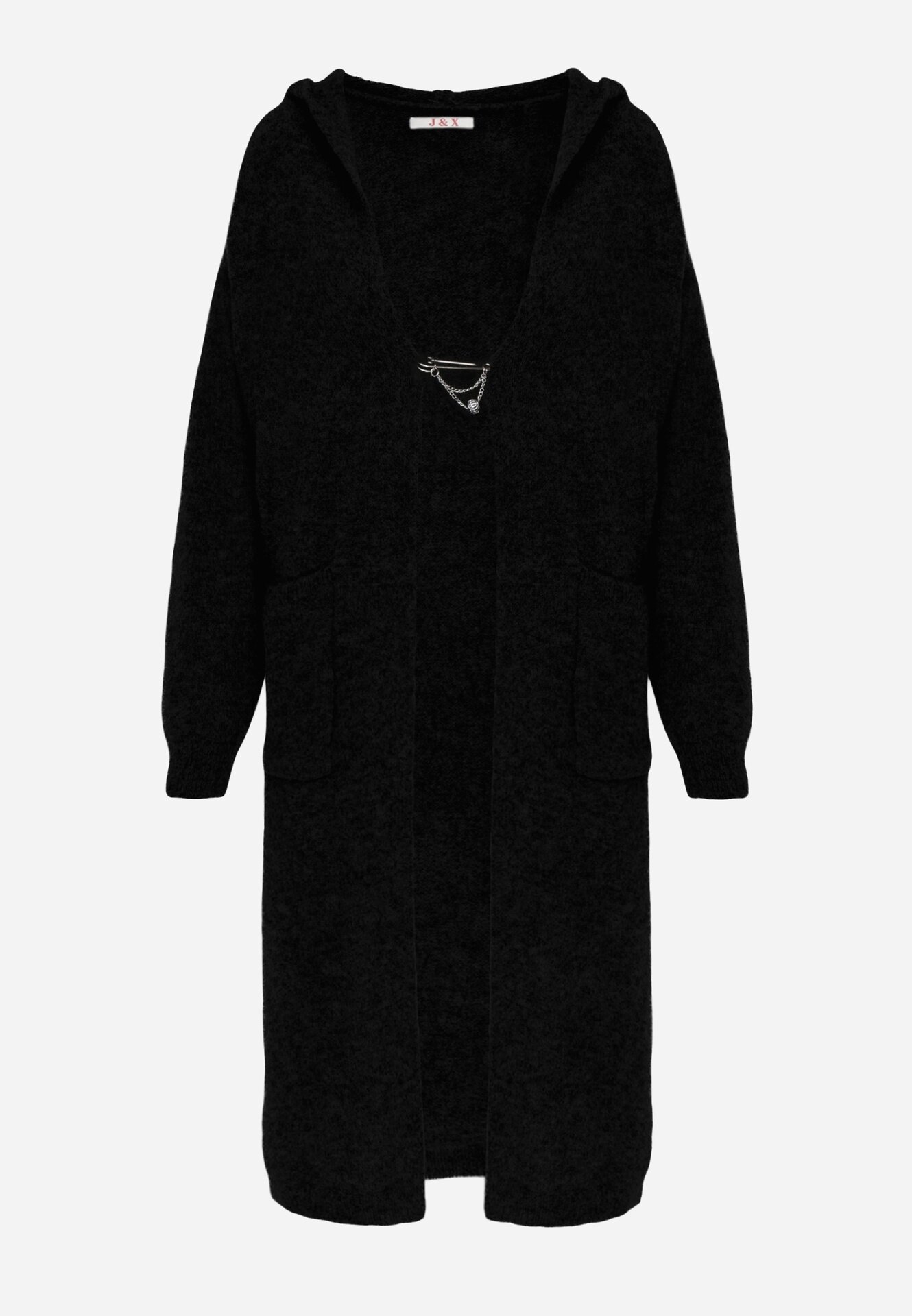 j&x Cardigan maxi neîncheiat cu lână cu glugă și broșă cu lanț Minvelda Negru
