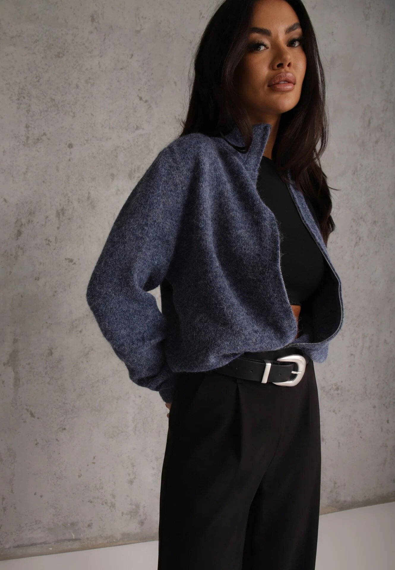 j&x Cardigan minimalist cu guler tip tunică din lână și bumbac cu fermoar Indine Albastru