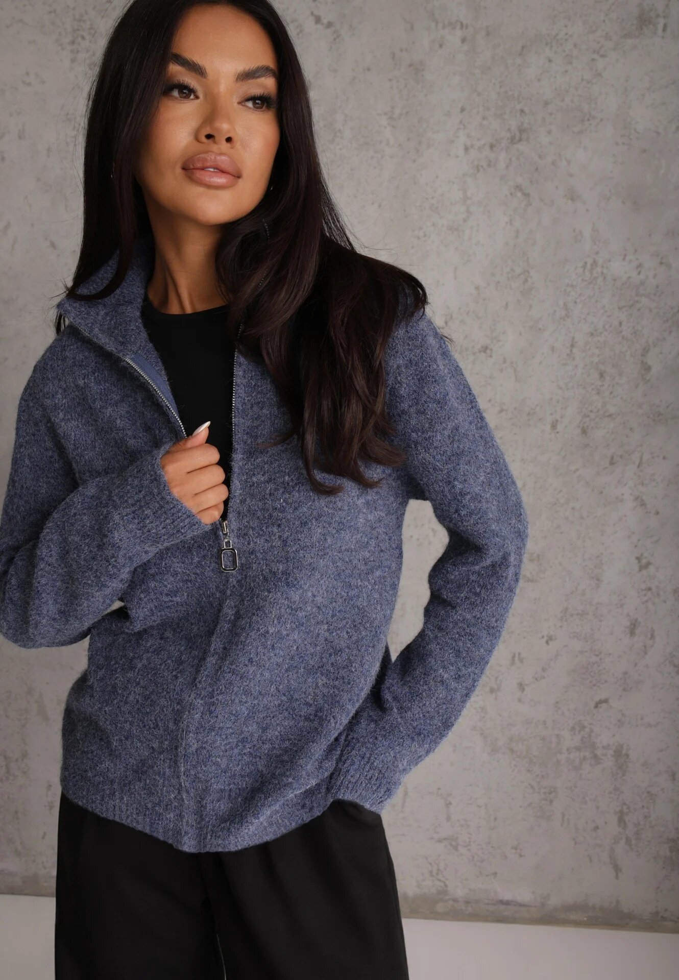 j&x Cardigan minimalist cu guler tip tunică din lână și bumbac cu fermoar Indine Albastru