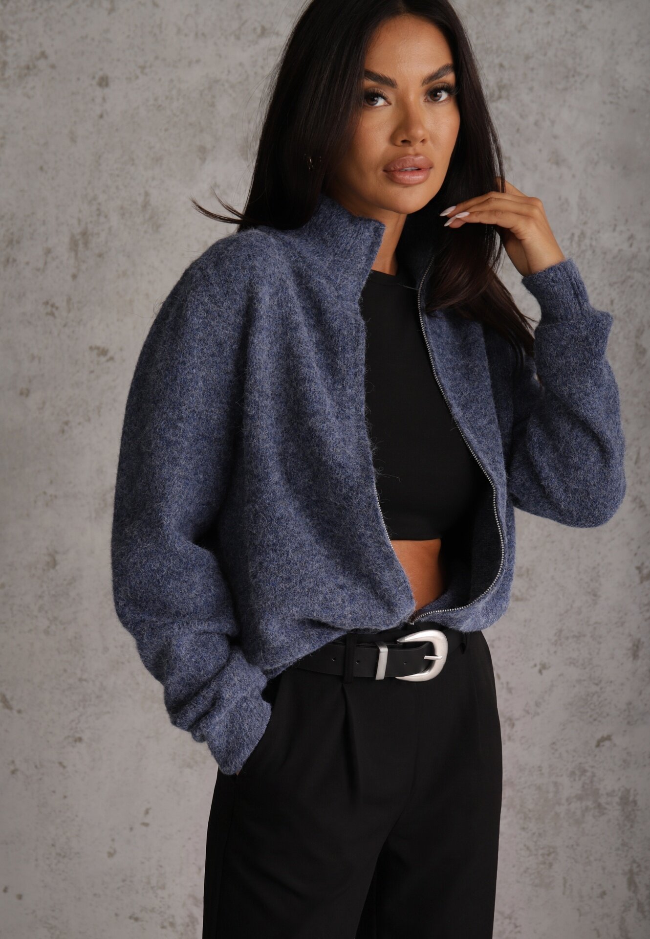 j&x Cardigan minimalist cu guler tip tunică din lână și bumbac cu fermoar Indine Albastru