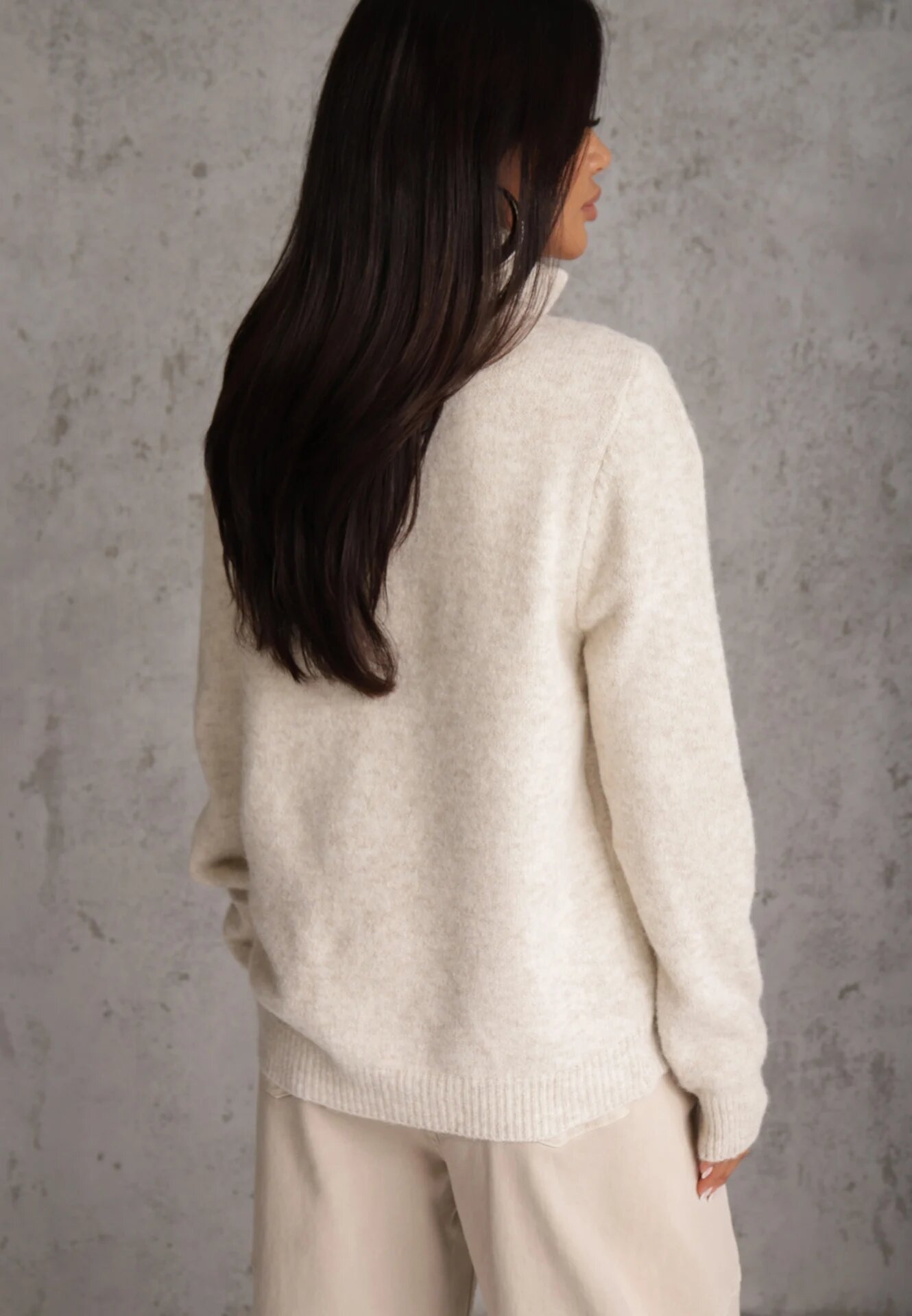 j&x Cardigan minimalist cu guler tip tunică din lână și bumbac cu fermoar Indine Bej deschis