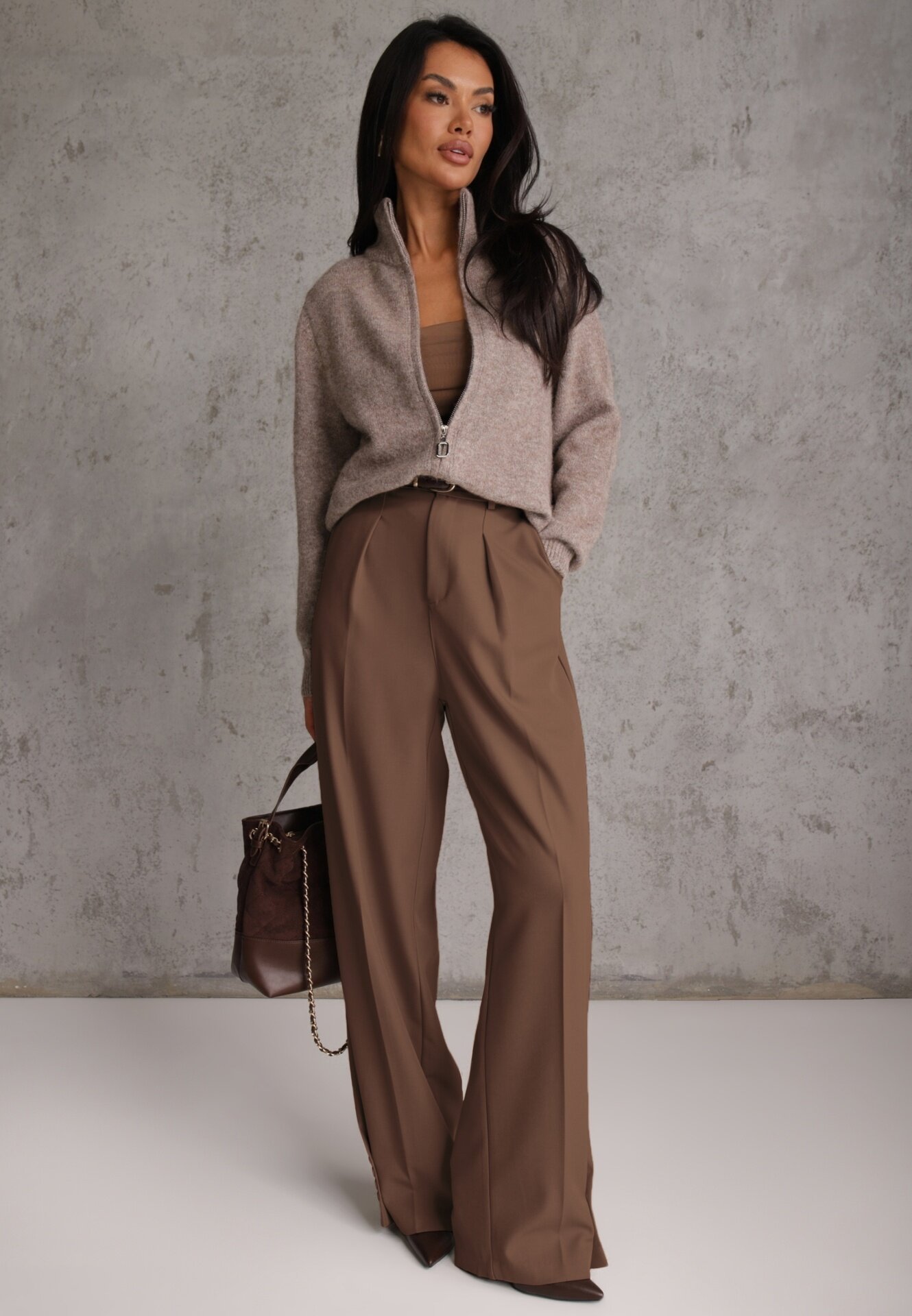 j&x Cardigan minimalist cu guler tip tunică din lână și bumbac cu fermoar Indine Bej închis