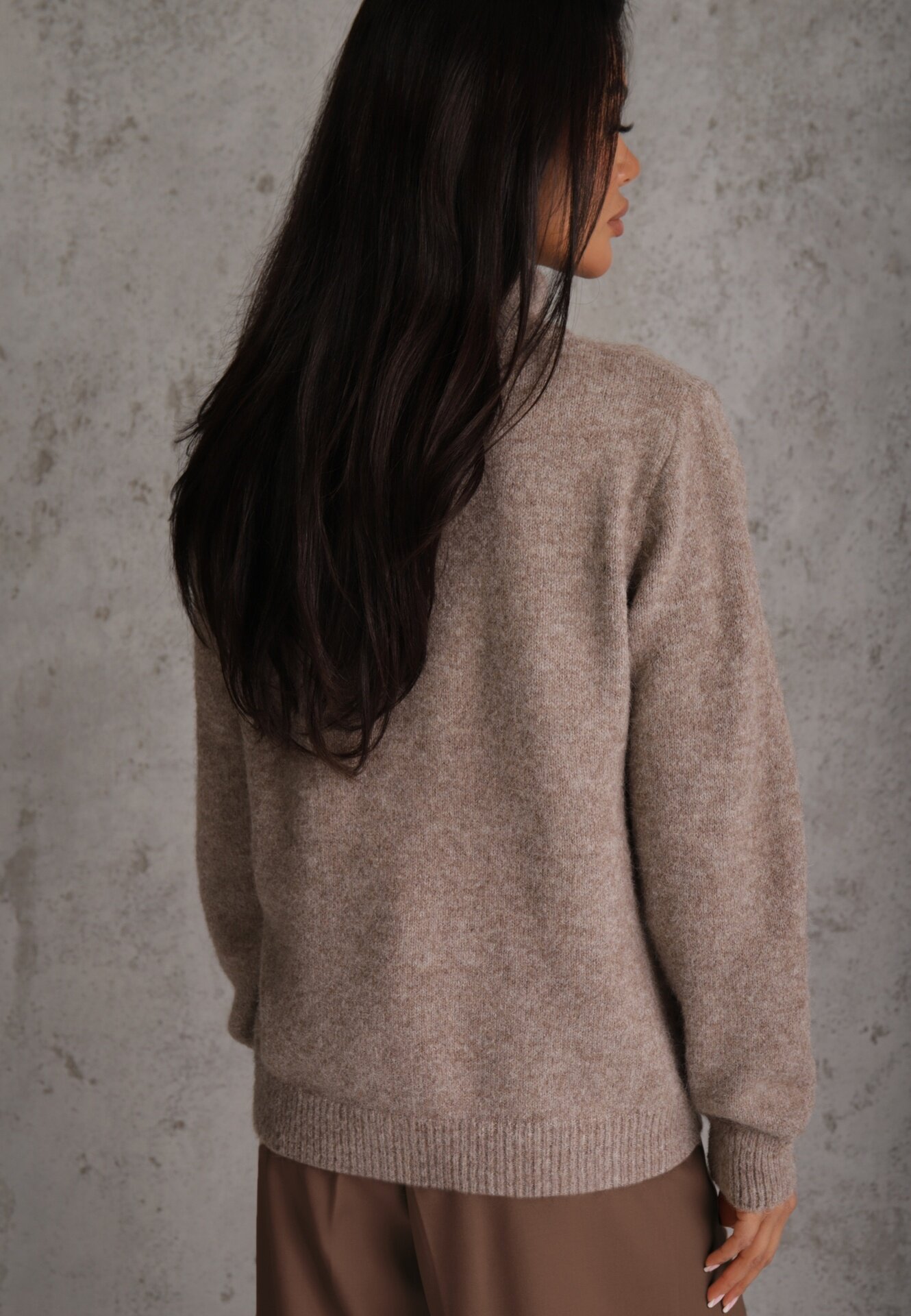 j&x Cardigan minimalist cu guler tip tunică din lână și bumbac cu fermoar Indine Bej închis