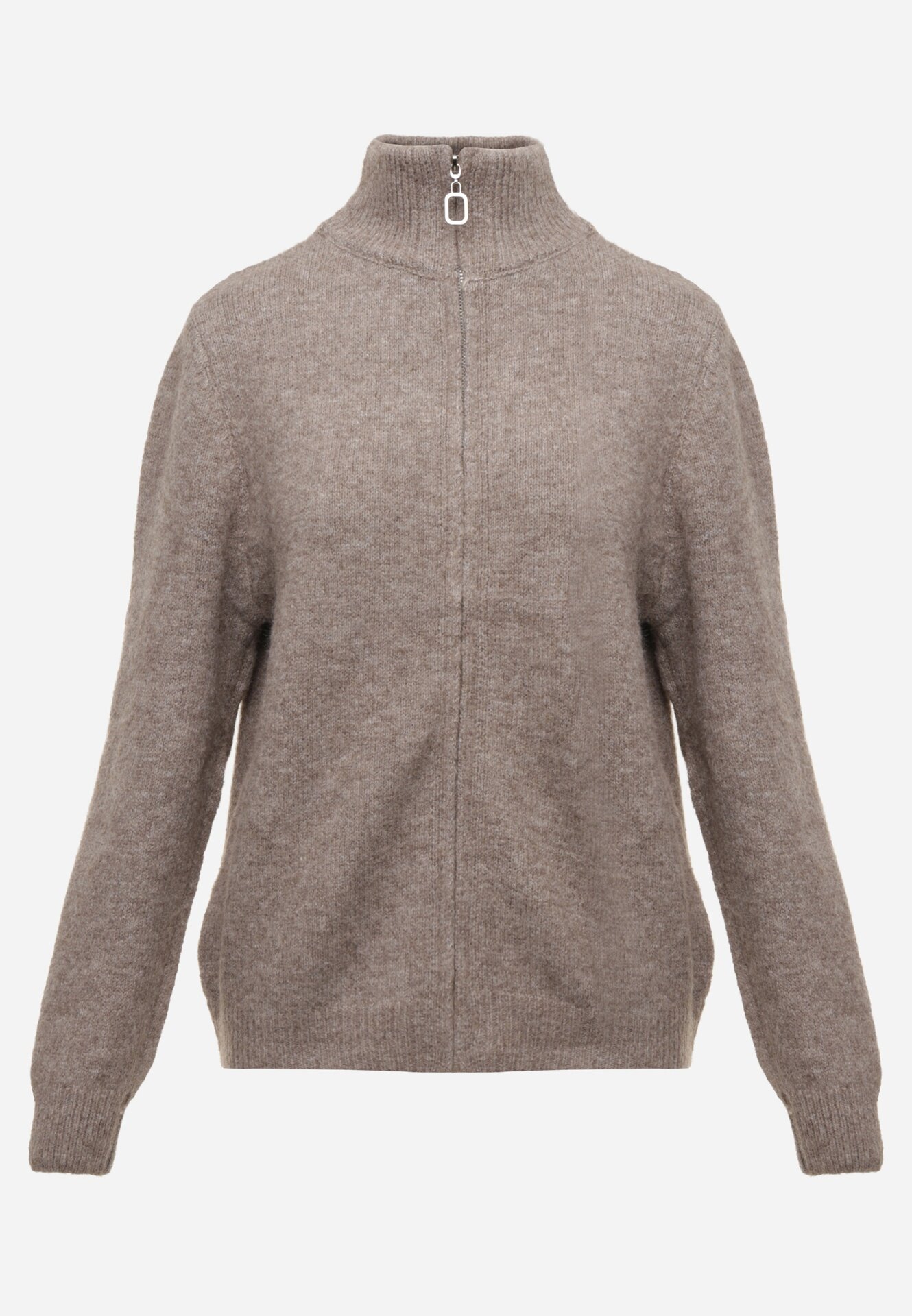 j&x Cardigan minimalist cu guler tip tunică din lână și bumbac cu fermoar Indine Bej închis