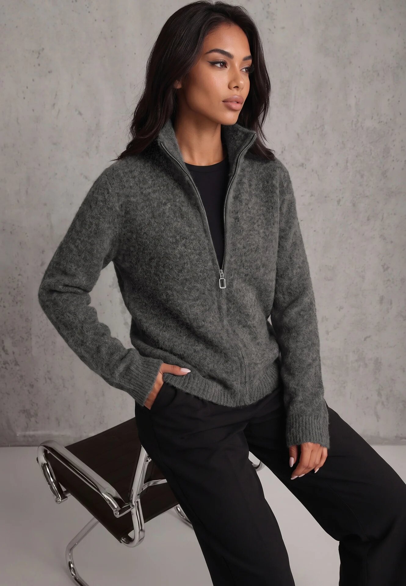 j&x Cardigan minimalist cu guler tip tunică din lână și bumbac cu fermoar Indine Gri închis