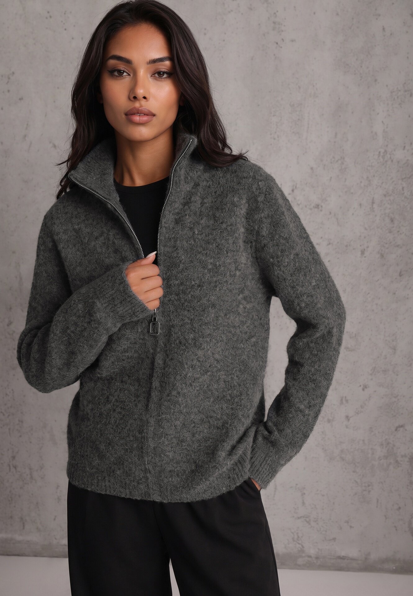 j&x Cardigan minimalist cu guler tip tunică din lână și bumbac cu fermoar Indine Gri închis