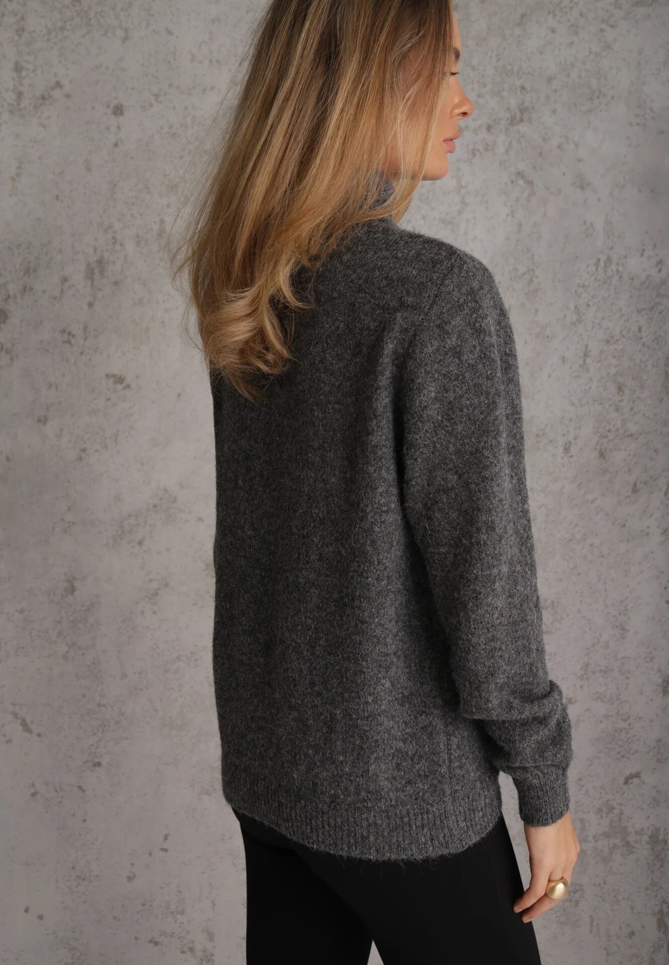 j&x Cardigan minimalist cu guler tip tunică din lână și bumbac cu fermoar Indine Gri închis