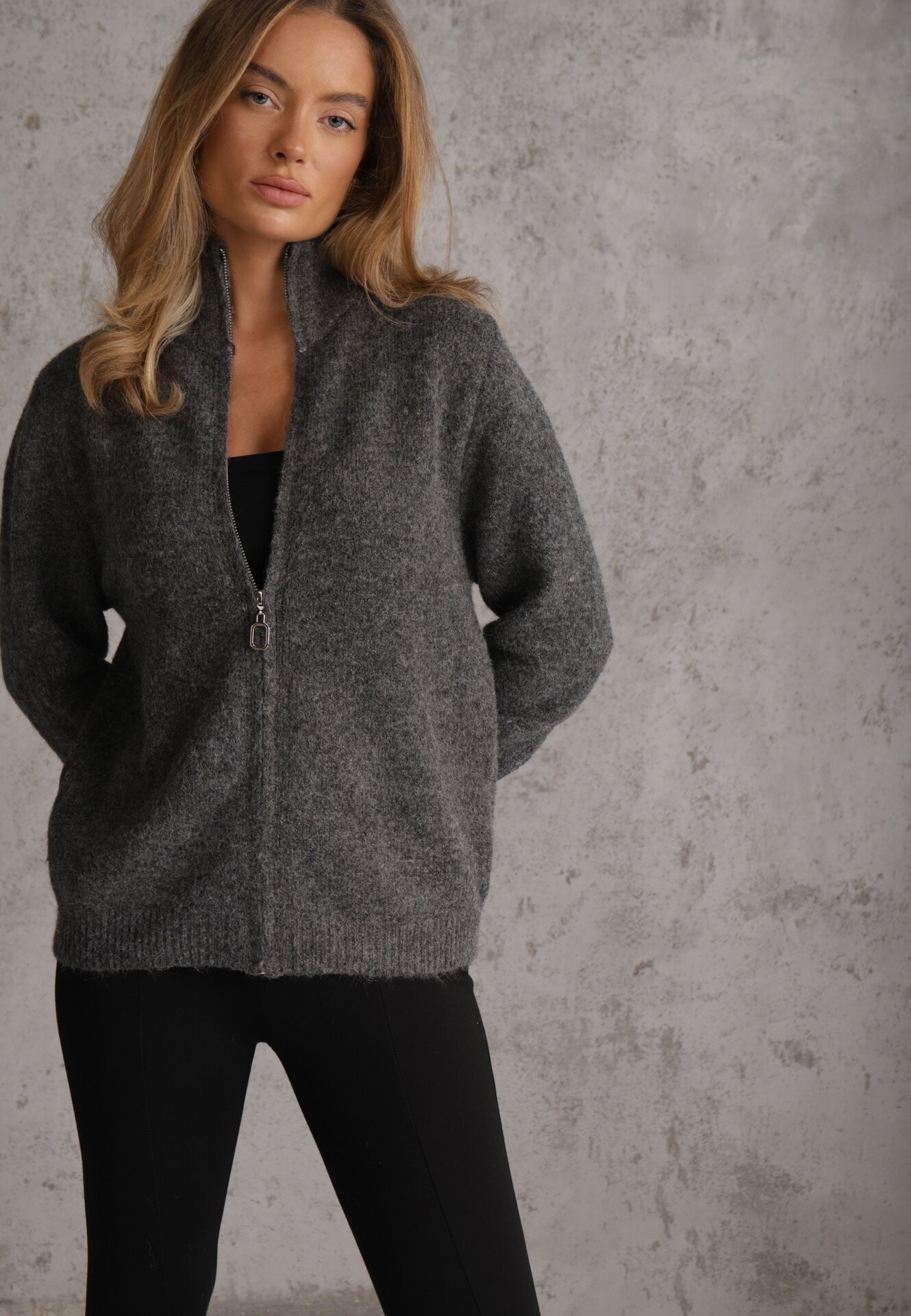 j&x Cardigan minimalist cu guler tip tunică din lână și bumbac cu fermoar Indine Gri închis