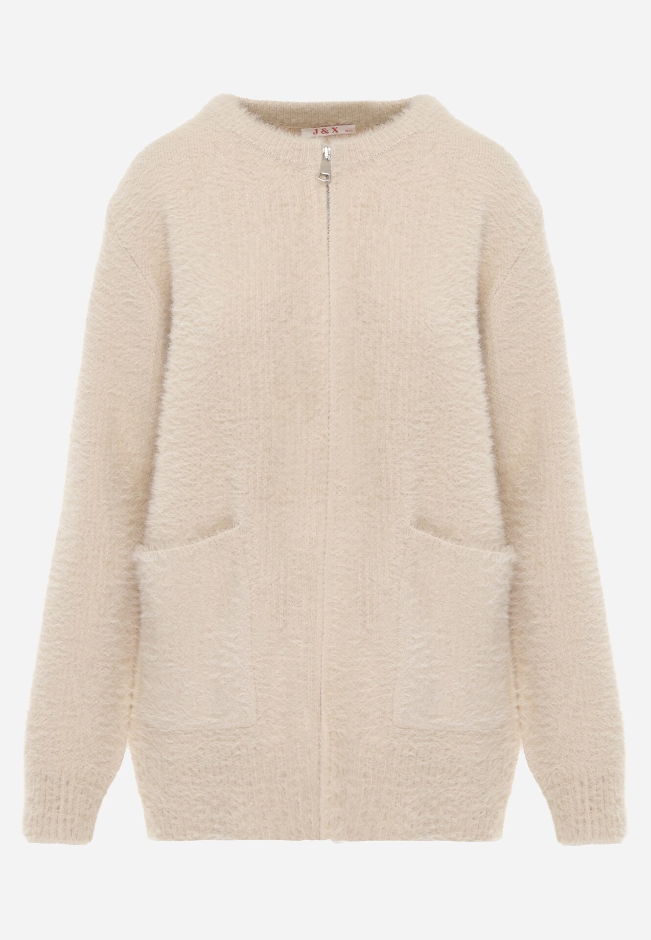 j&x Cardigan pufos cu fermoar din tricot cu efect fluffy lână și bumbac Selimena Bej