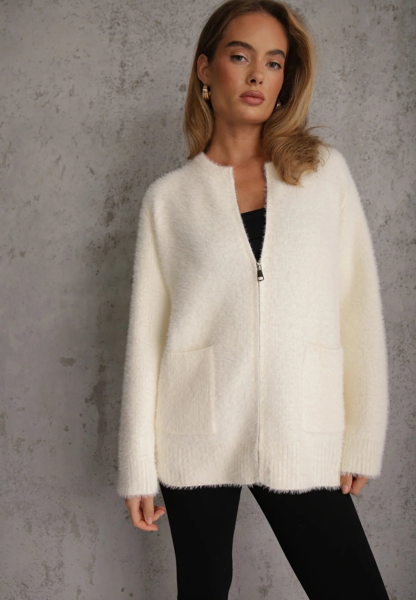 j&x Cardigan pufos cu fermoar din tricot cu efect fluffy lână și bumbac Selimena Bej deschis