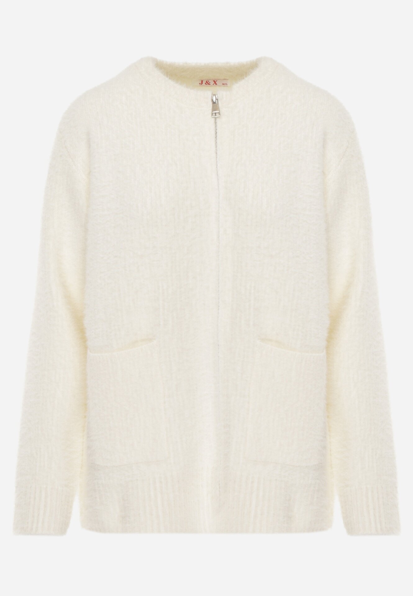 j&x Cardigan pufos cu fermoar din tricot cu efect fluffy lână și bumbac Selimena Bej deschis