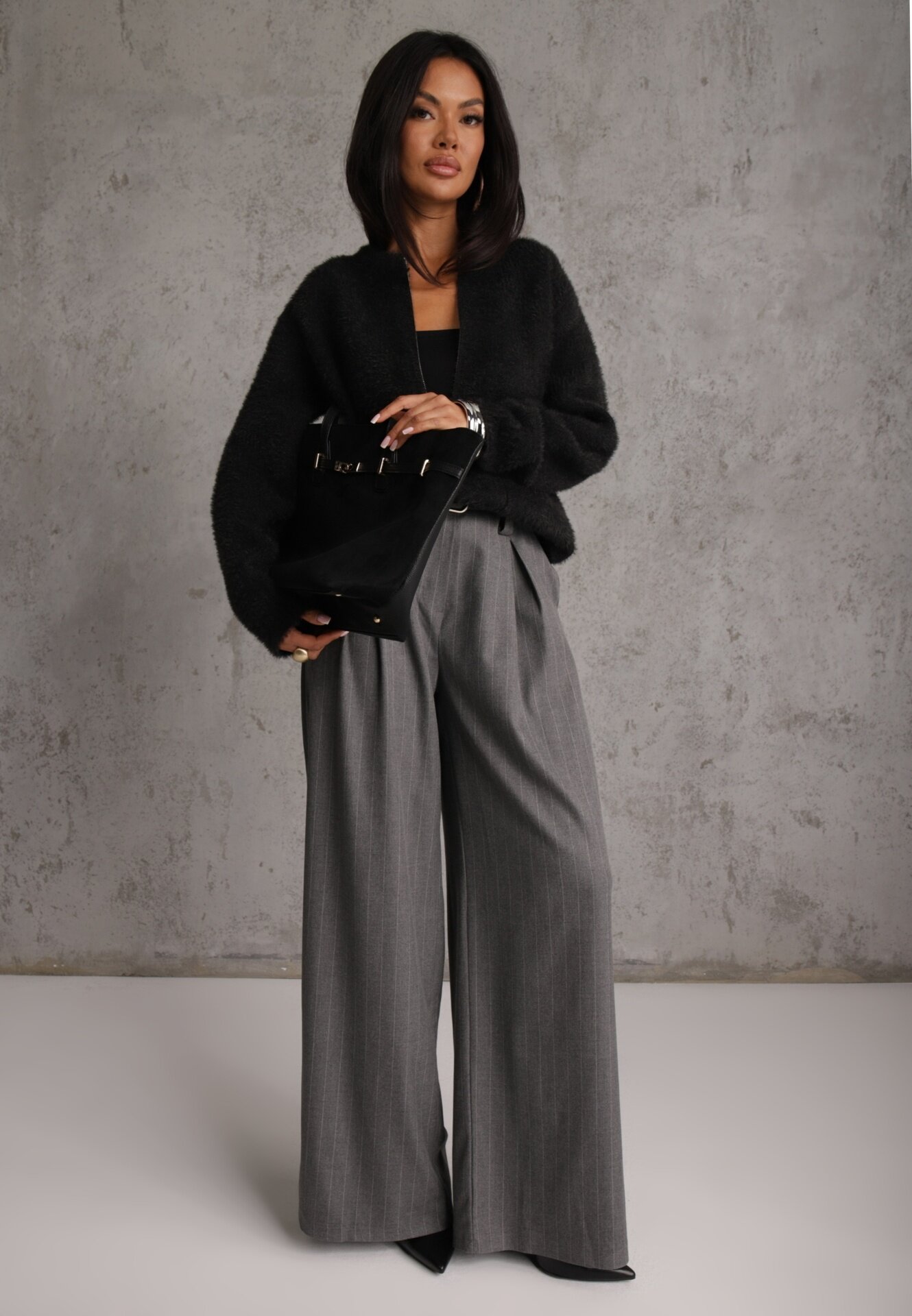 j&x Cardigan pufos cu fermoar din tricot cu efect fluffy lână și bumbac Selimena Negru