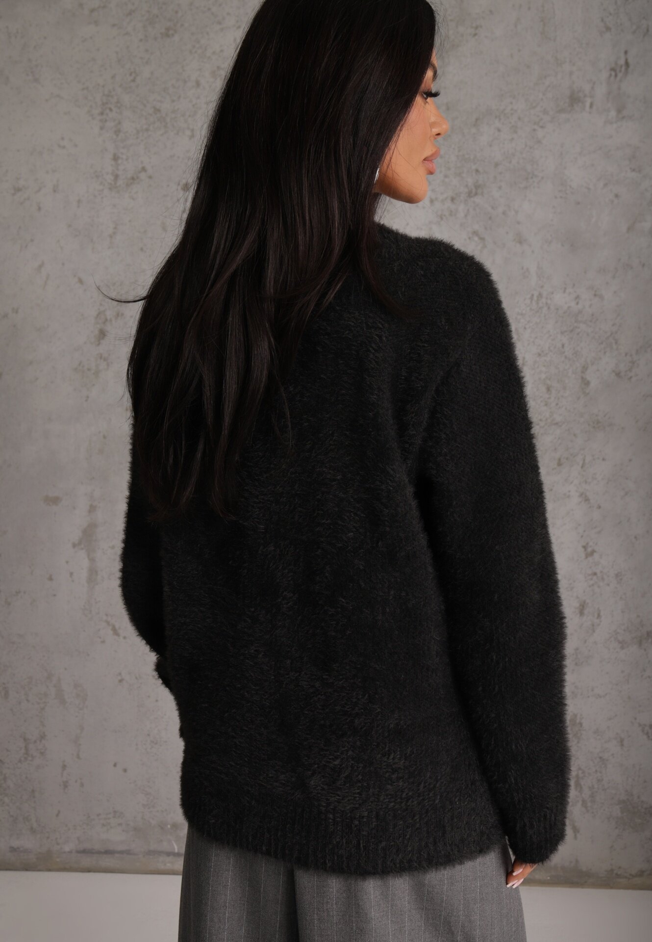 j&x Cardigan pufos cu fermoar din tricot cu efect fluffy lână și bumbac Selimena Negru