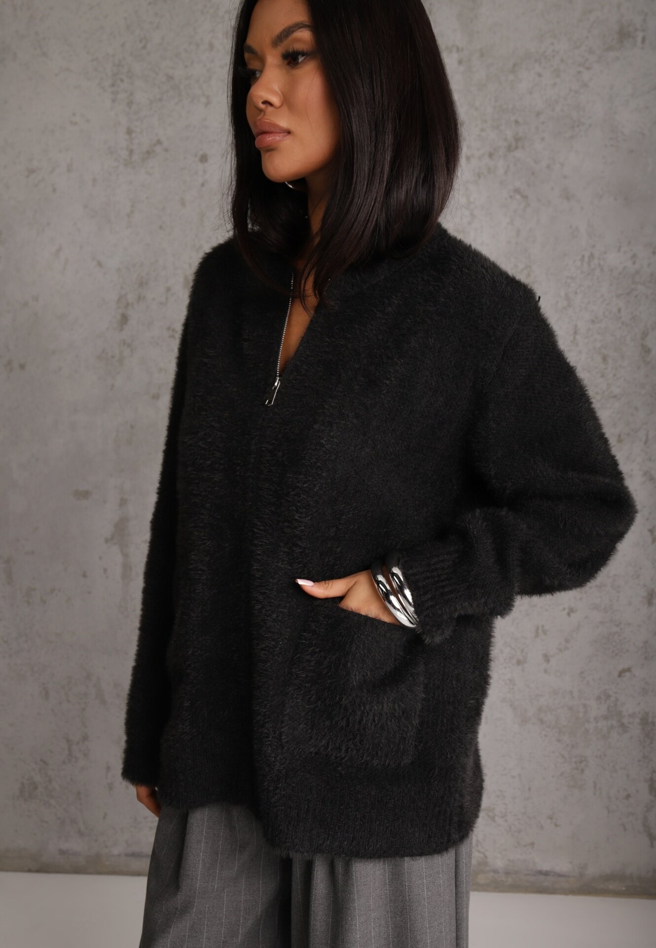 j&x Cardigan pufos cu fermoar din tricot cu efect fluffy lână și bumbac Selimena Negru