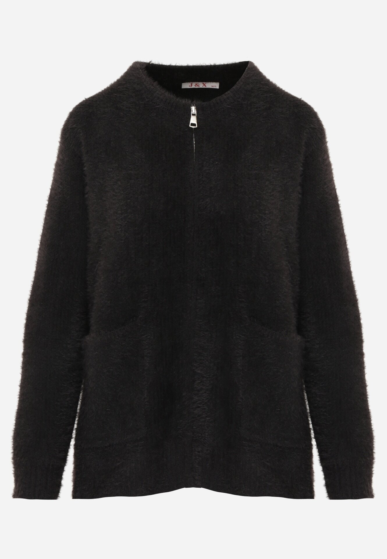 j&x Cardigan pufos cu fermoar din tricot cu efect fluffy lână și bumbac Selimena Negru