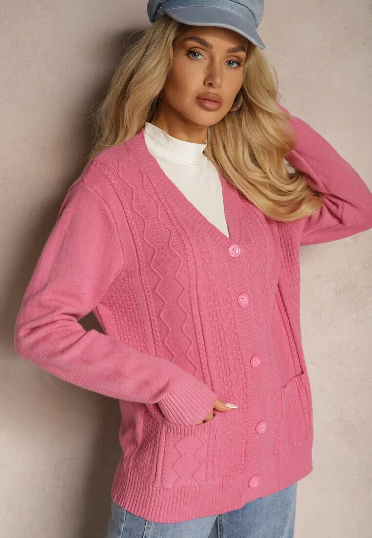 j&x Cardigan Roz închis cu adaos de bumbac Decorat cu reliefuri și buzunare Mavalin