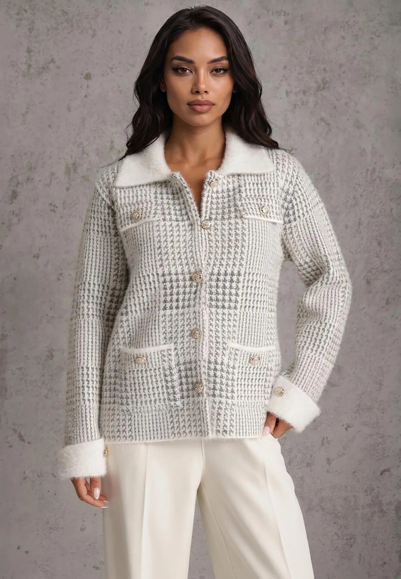 j&x Cardigan tweed cu lână cu nasturi bijuterie și buzunare cu clapă Alveme Alb