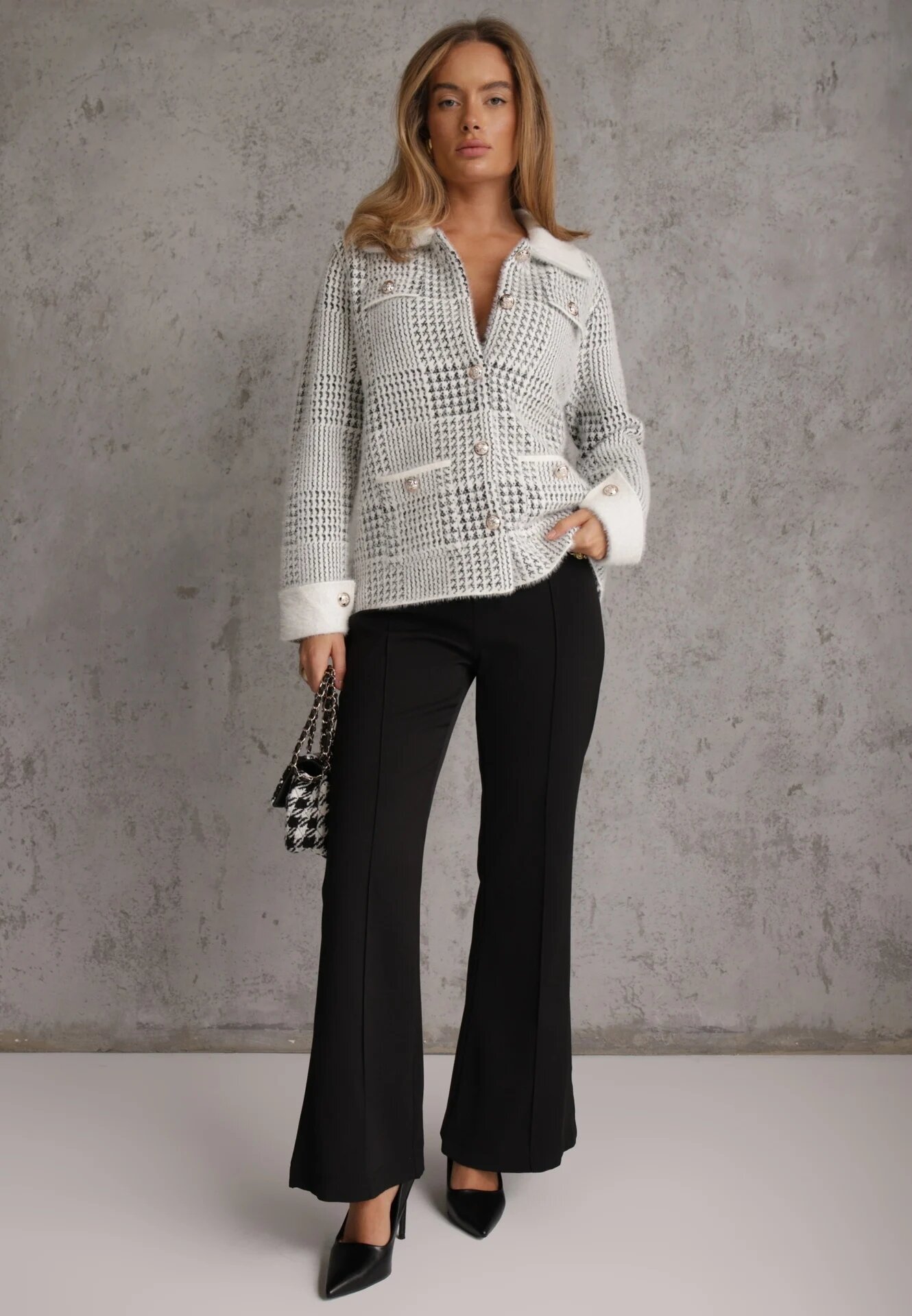 j&x Cardigan tweed cu lână cu nasturi bijuterie și buzunare cu clapă Alveme Alb