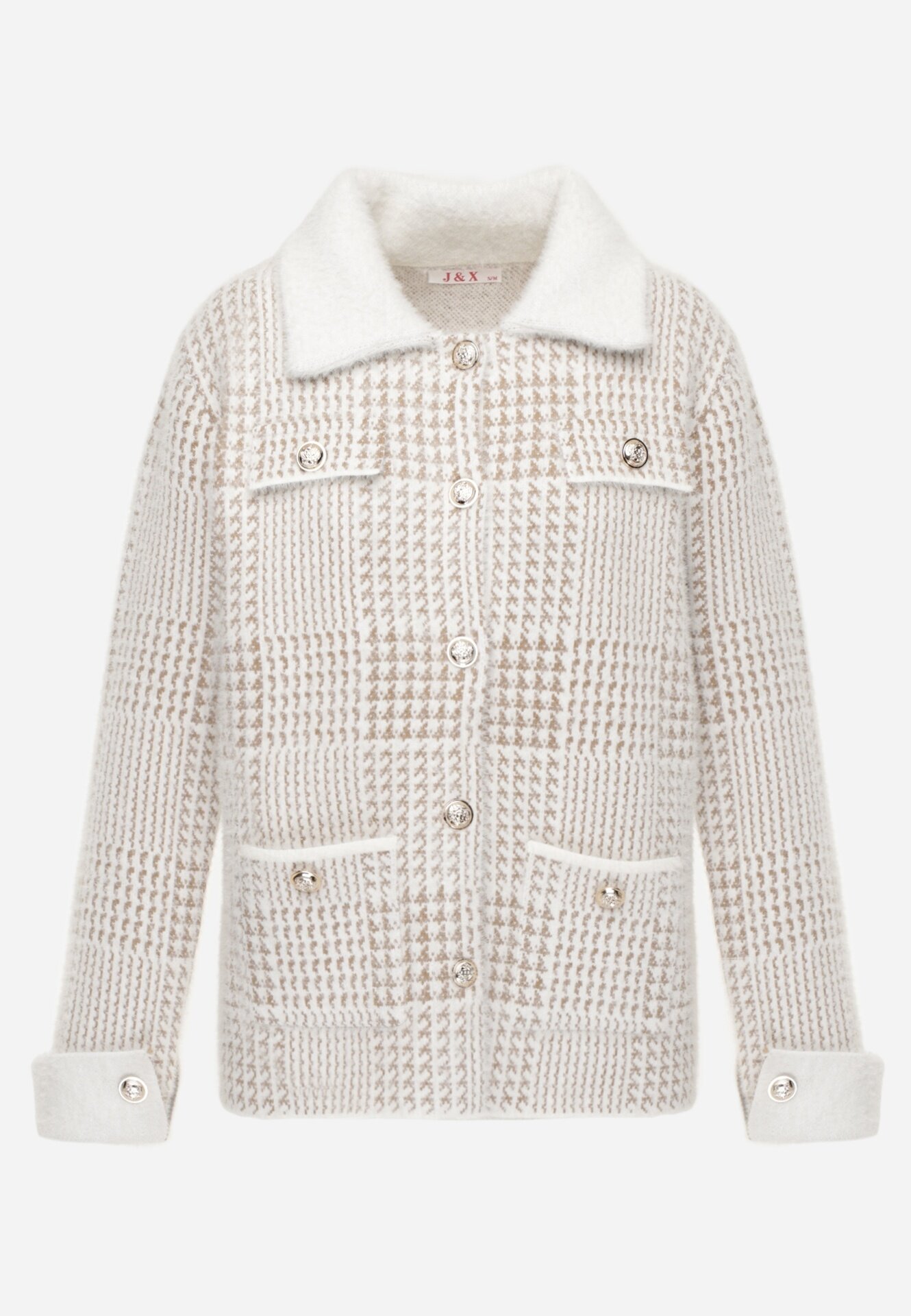 j&x Cardigan tweed cu lână cu nasturi bijuterie și buzunare cu clapă Alveme Bej deschis