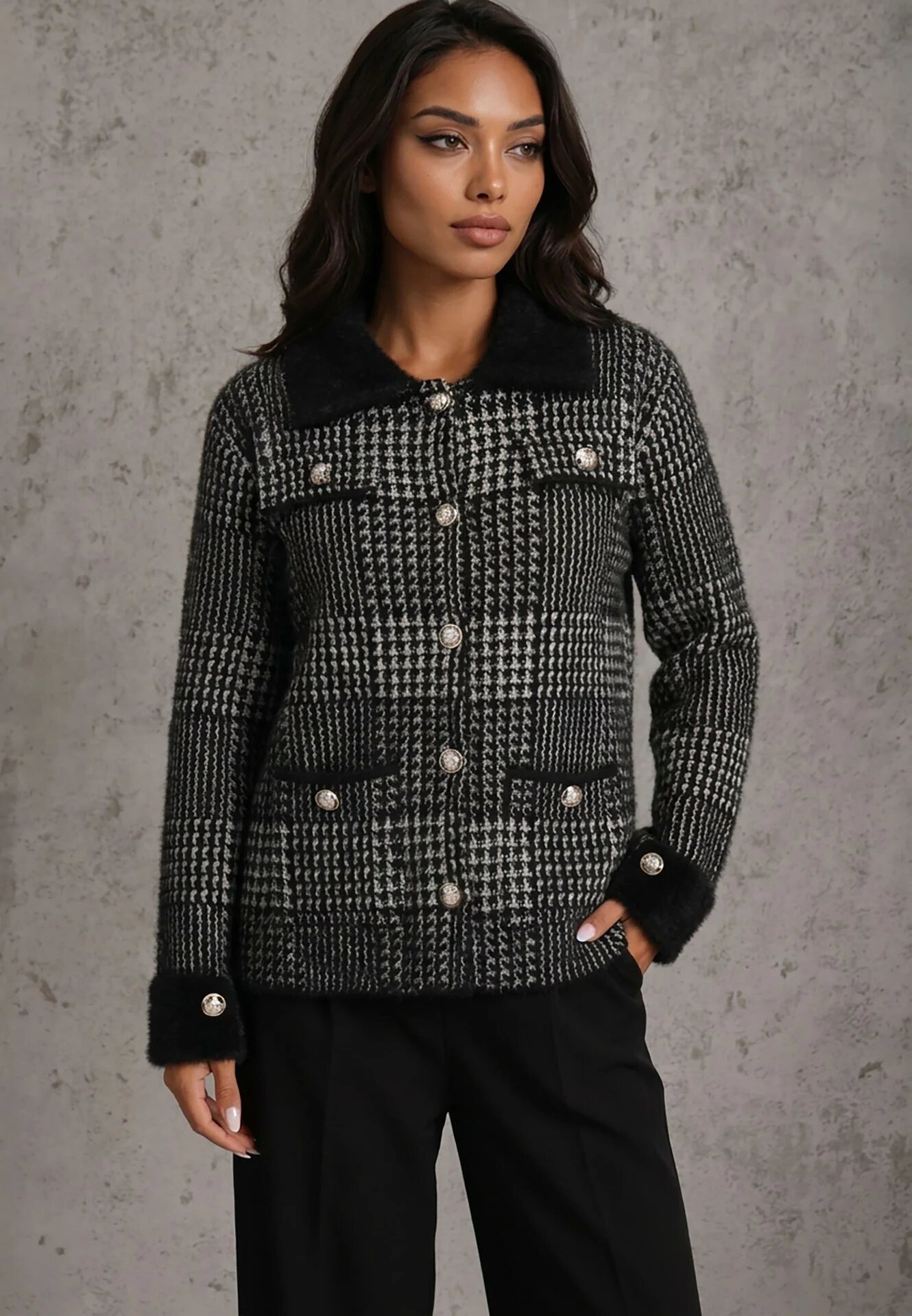 j&x Cardigan tweed cu lână cu nasturi bijuterie și buzunare cu clapă Alveme Negru